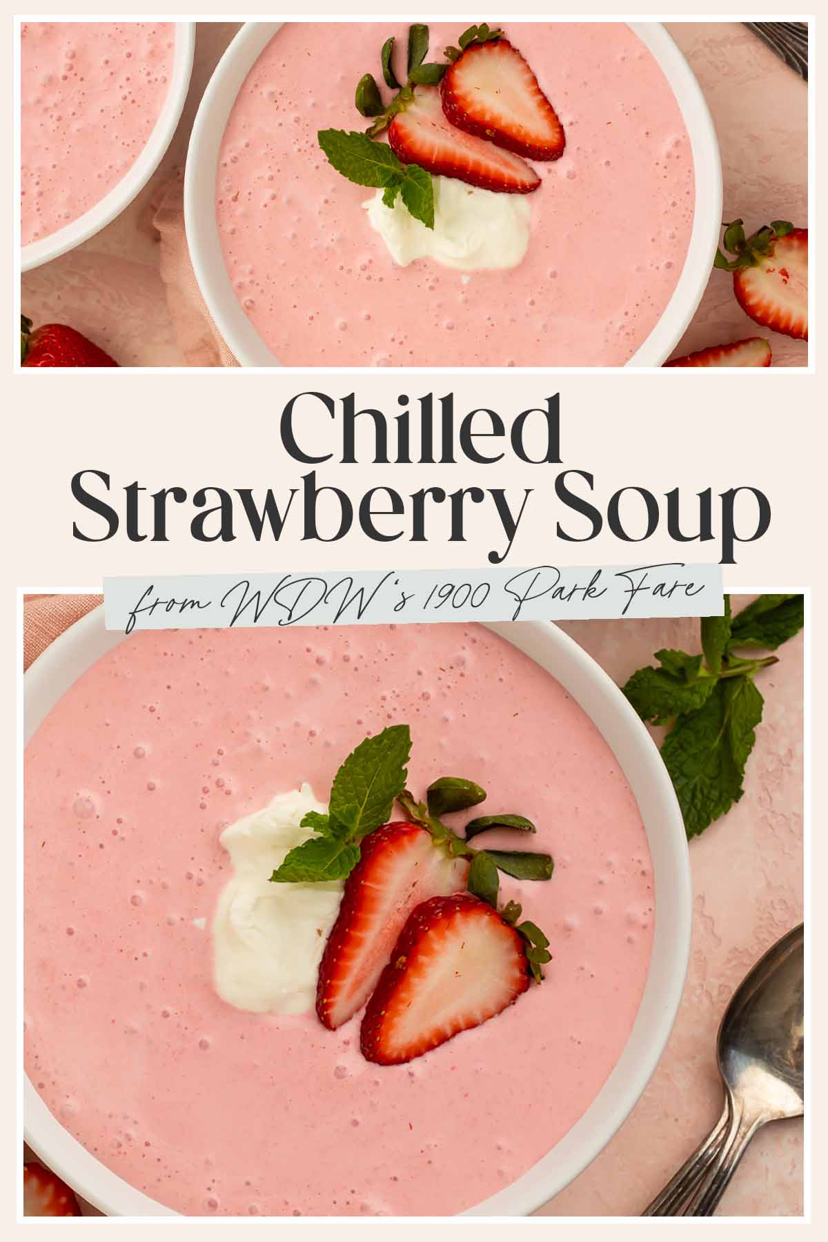 Pin graphic for strawberry soup.