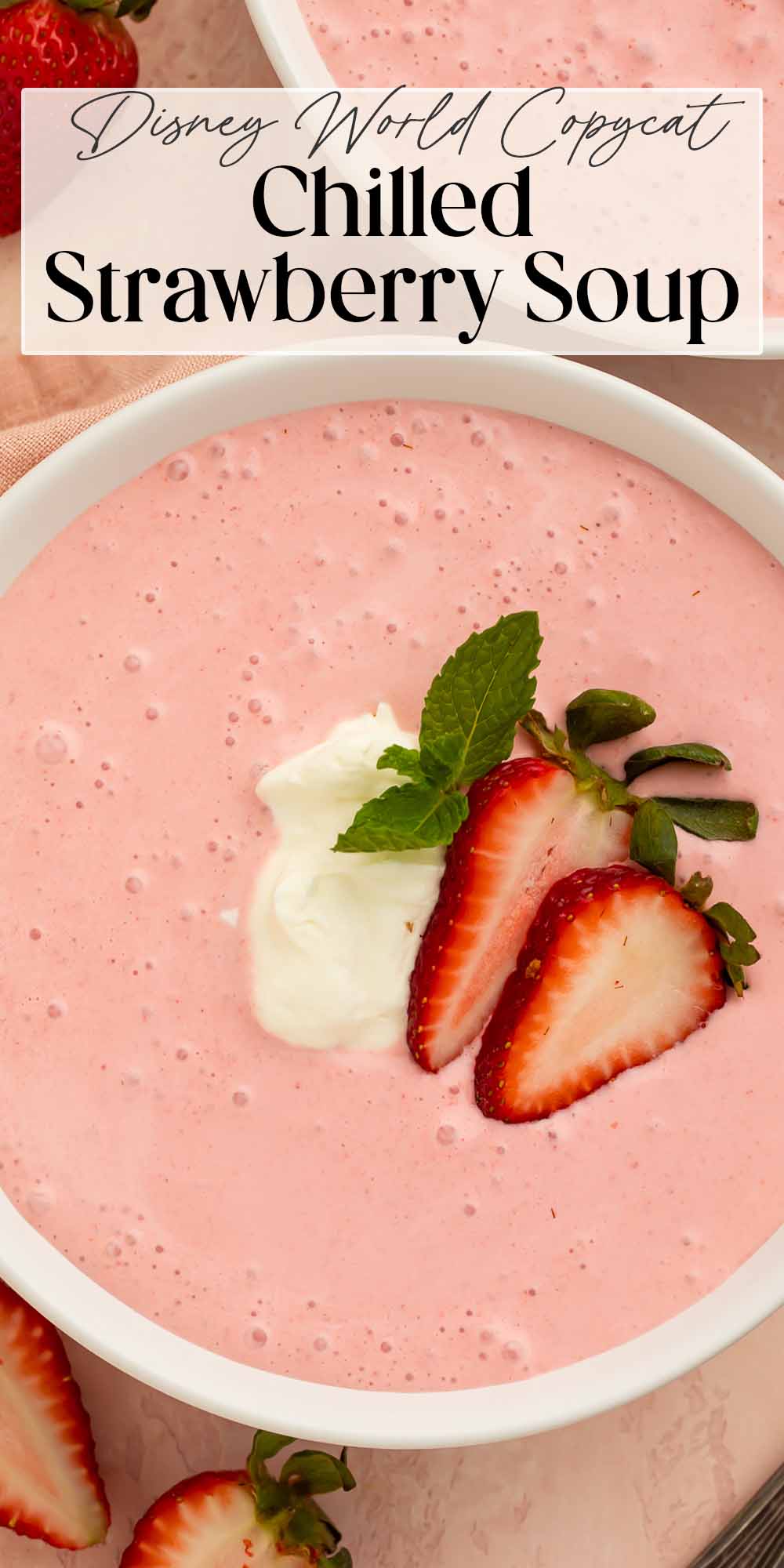 Pin graphic for strawberry soup.