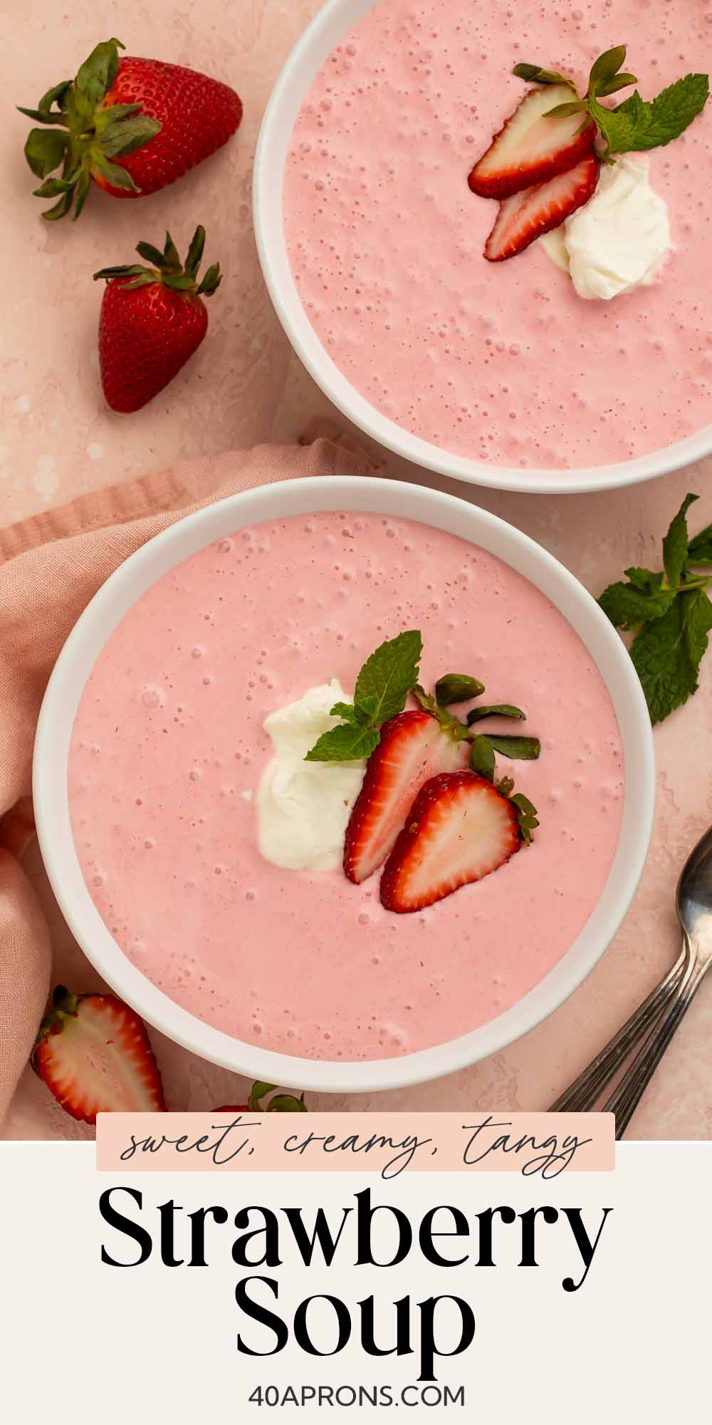 Pin graphic for strawberry soup.