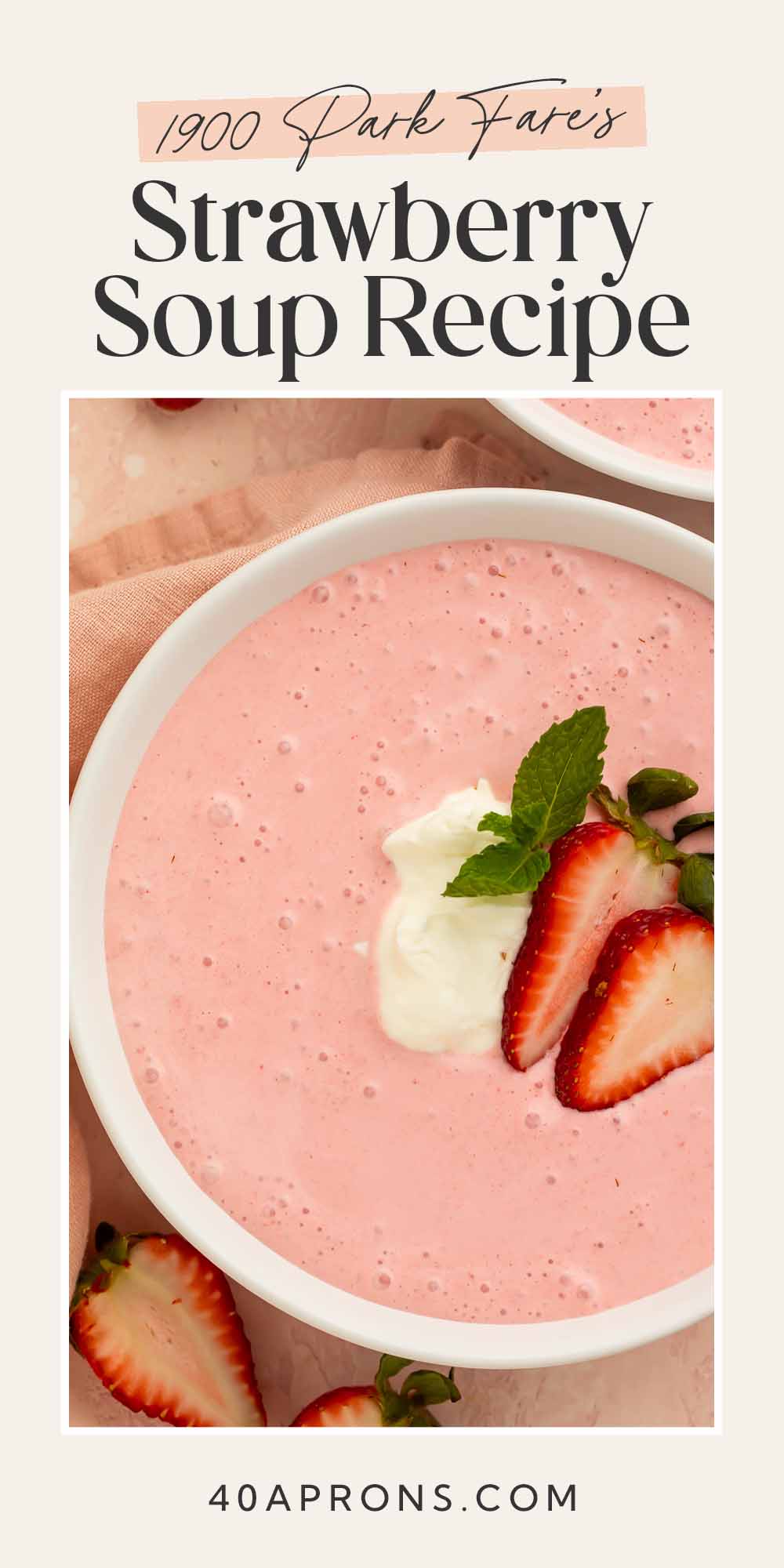 Pin graphic for strawberry soup.