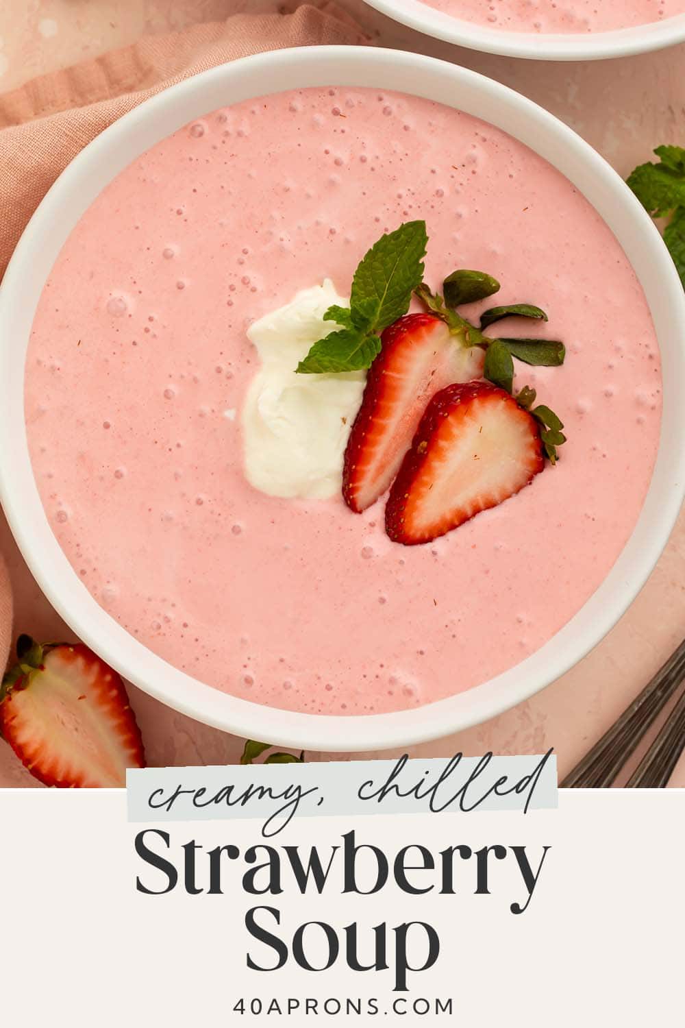 Pin graphic for strawberry soup.