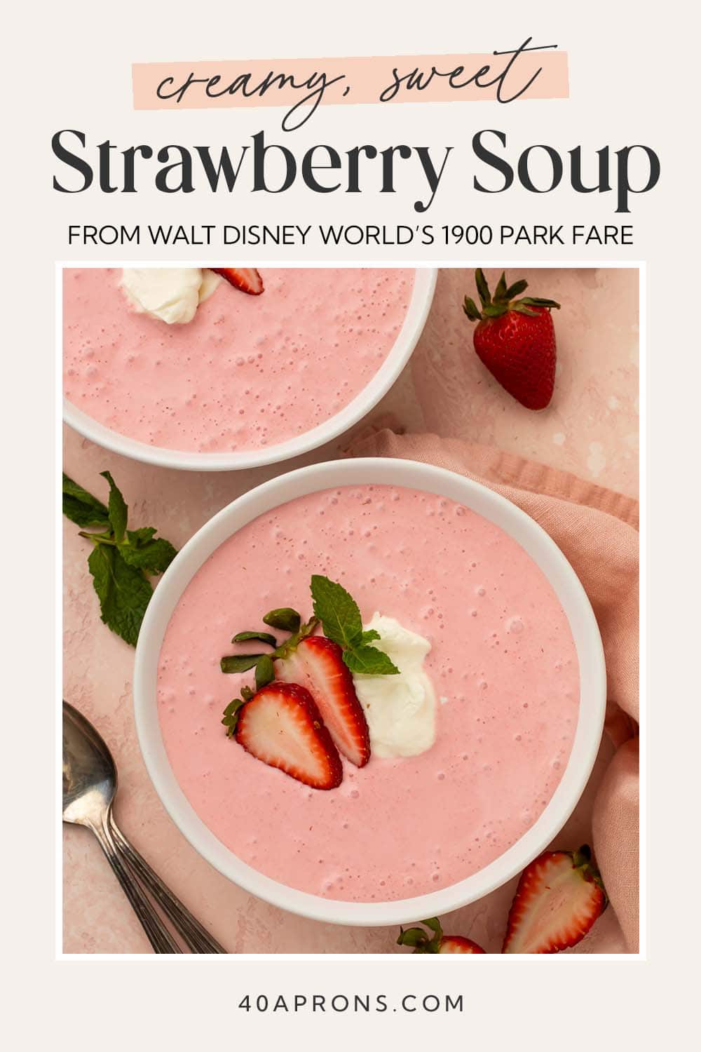 Pin graphic for strawberry soup.
