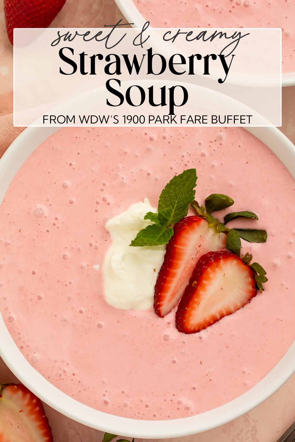Pin graphic for strawberry soup.