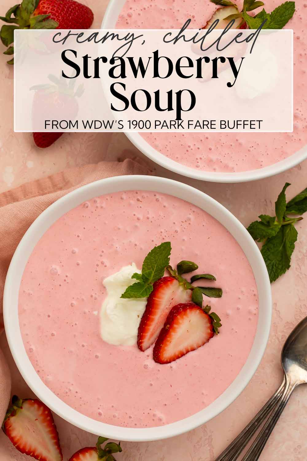 Pin graphic for strawberry soup.
