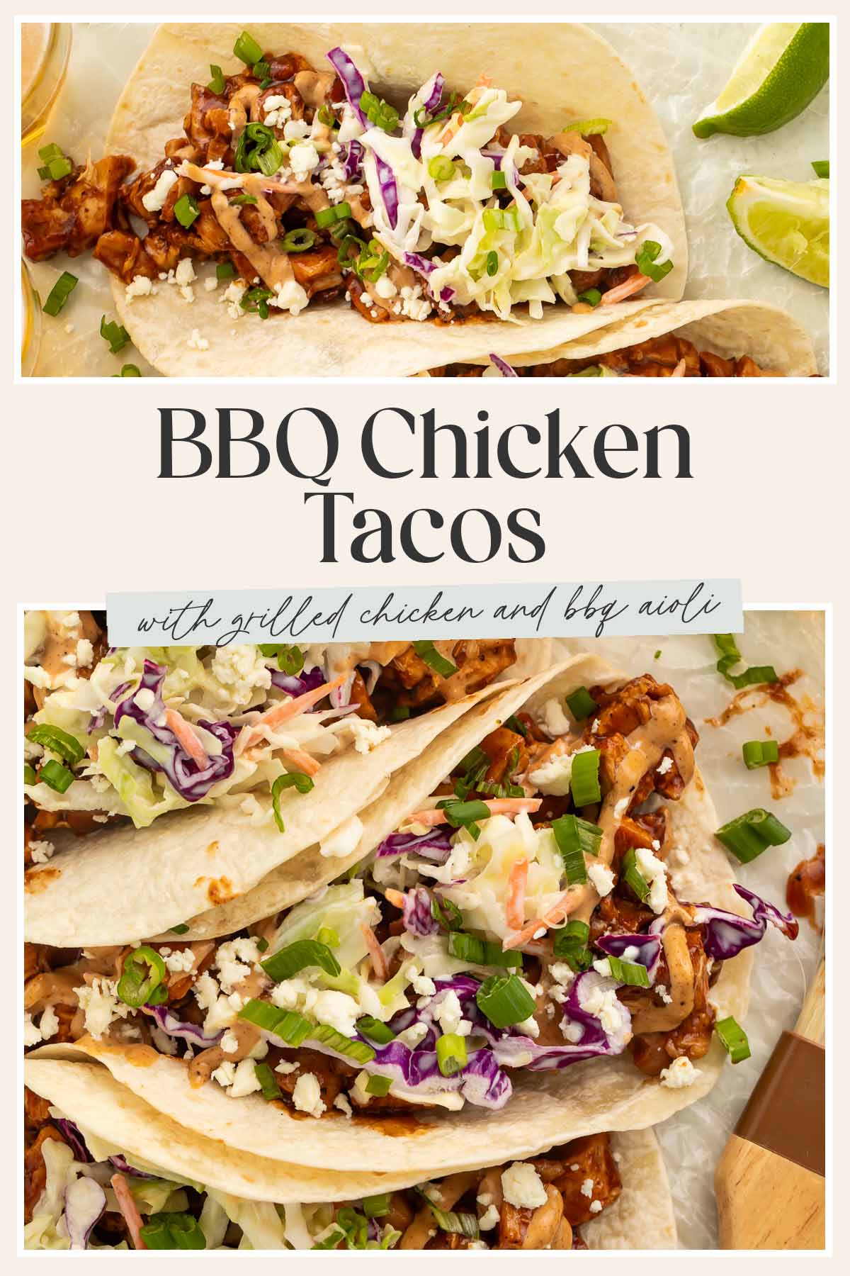 Pin graphic for BBQ chicken tacos.