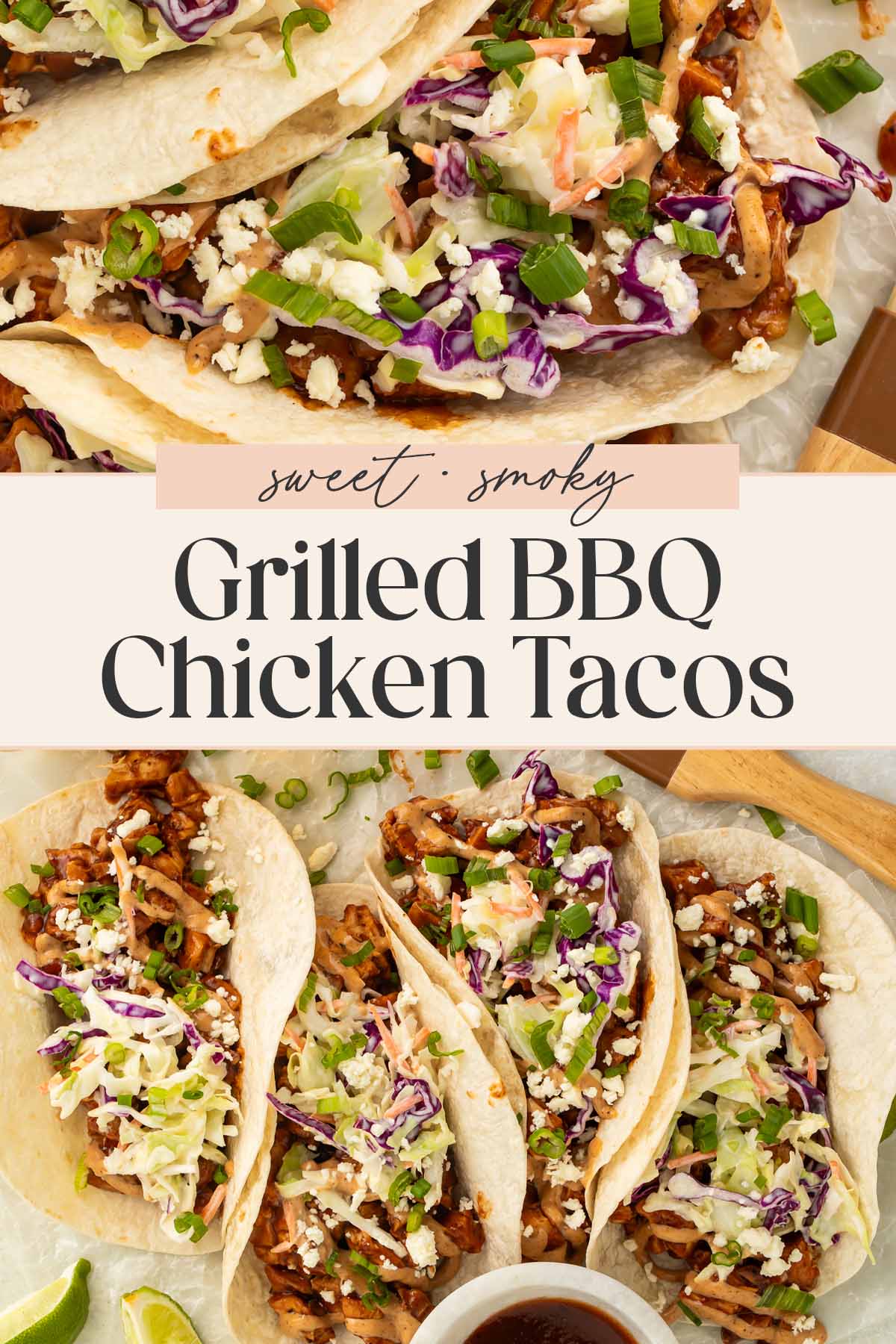 Pin graphic for BBQ chicken tacos.
