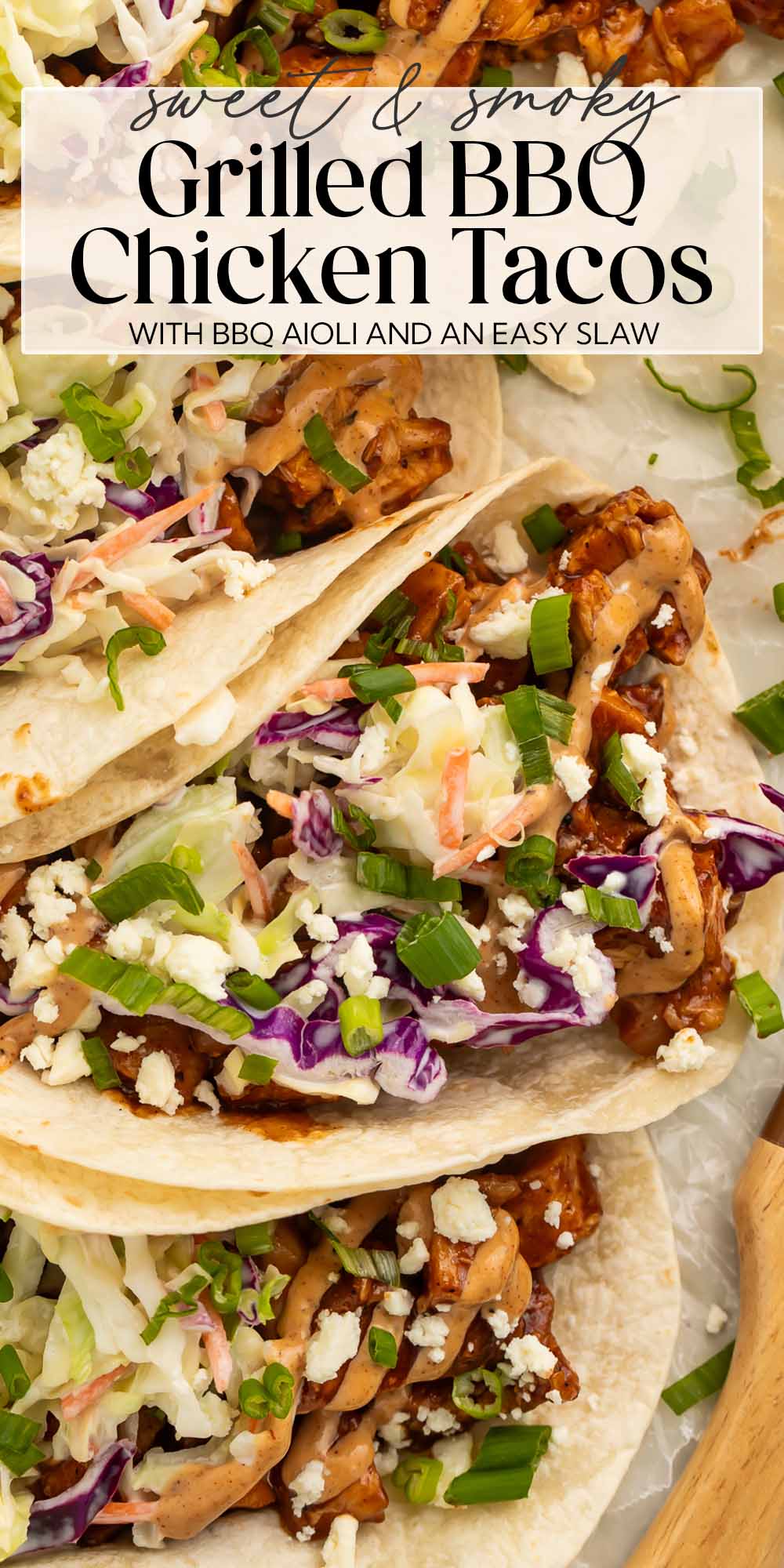 Pin graphic for BBQ chicken tacos.