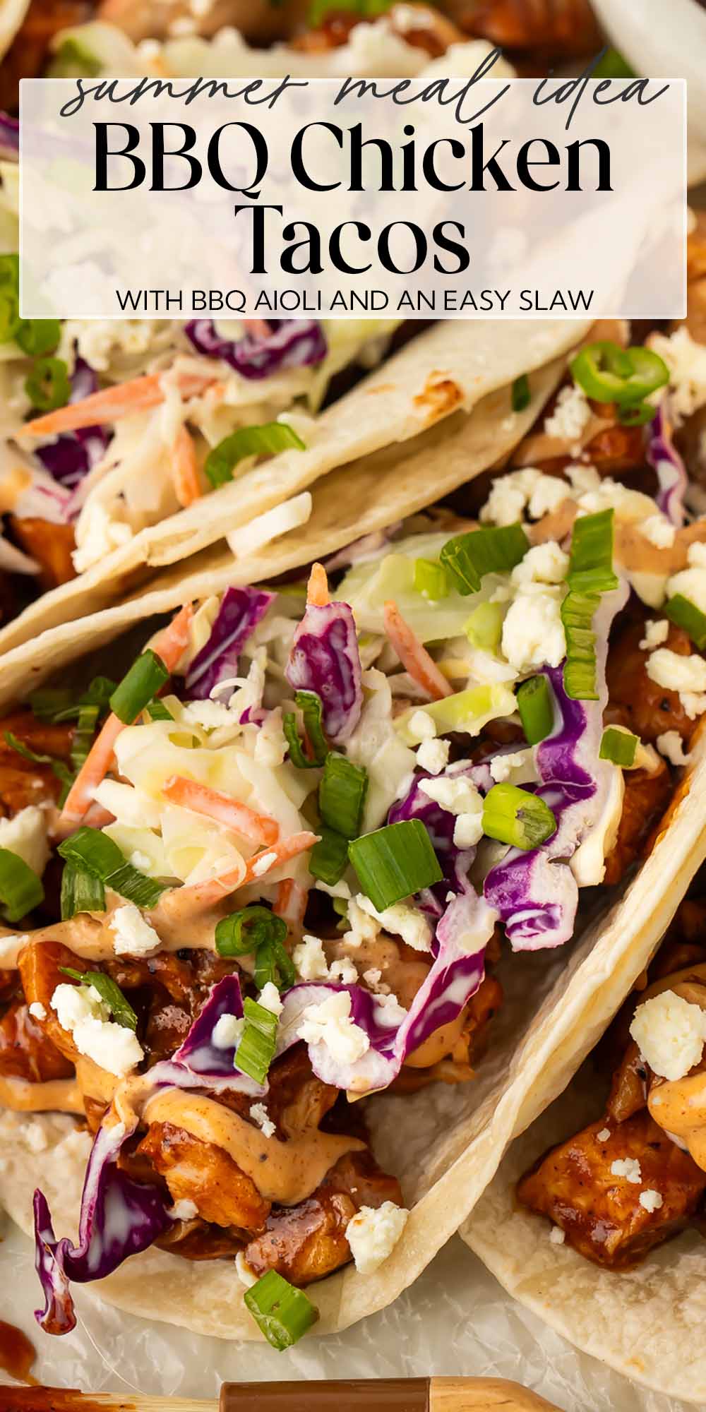Pin graphic for BBQ chicken tacos.