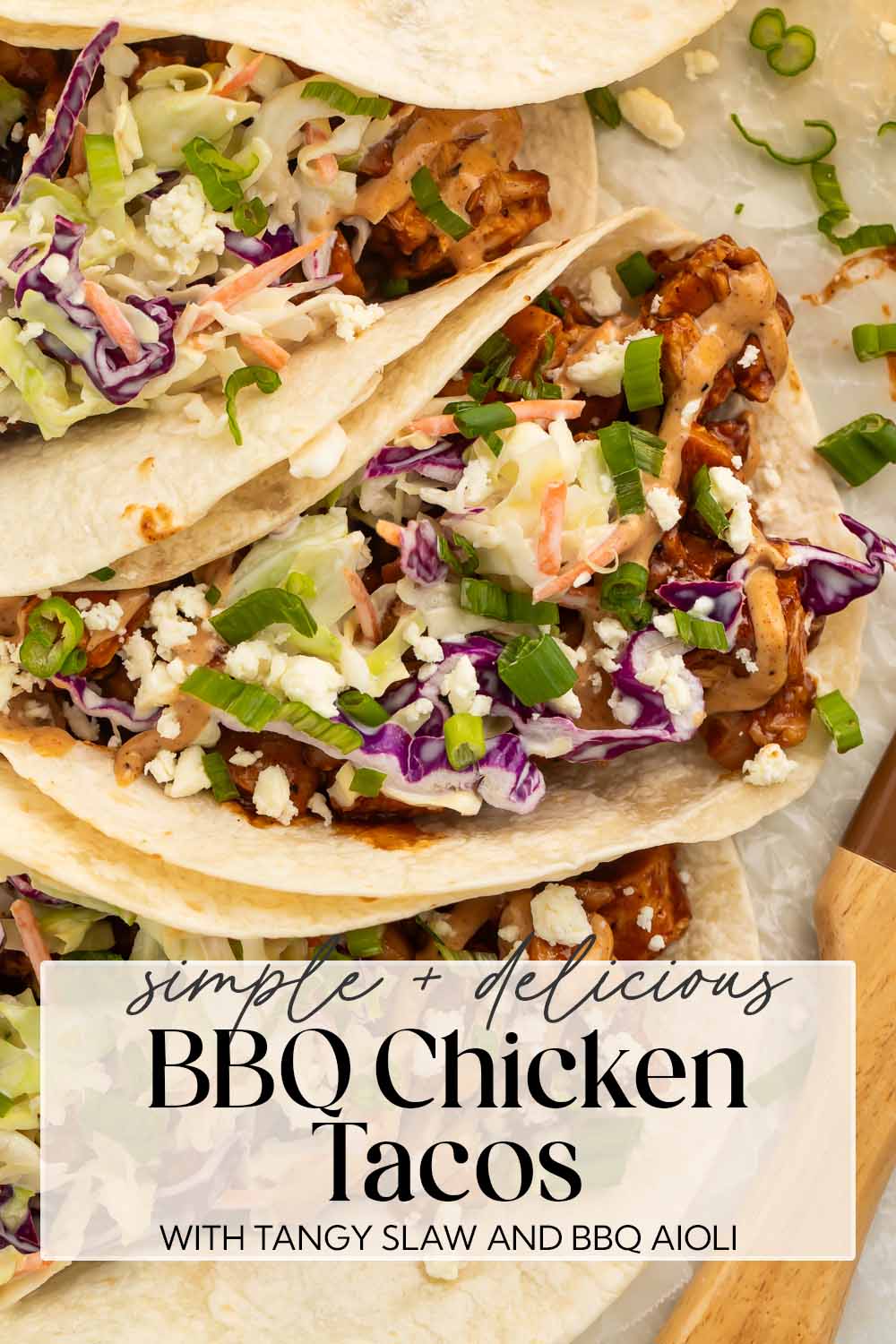 Pin graphic for BBQ chicken tacos.