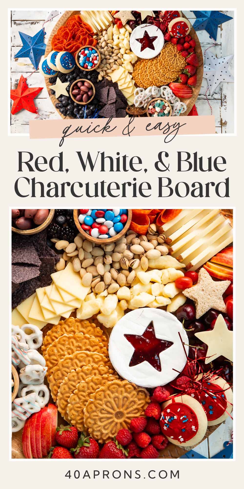 Pin graphic for red, white, and blue charcuterie board.