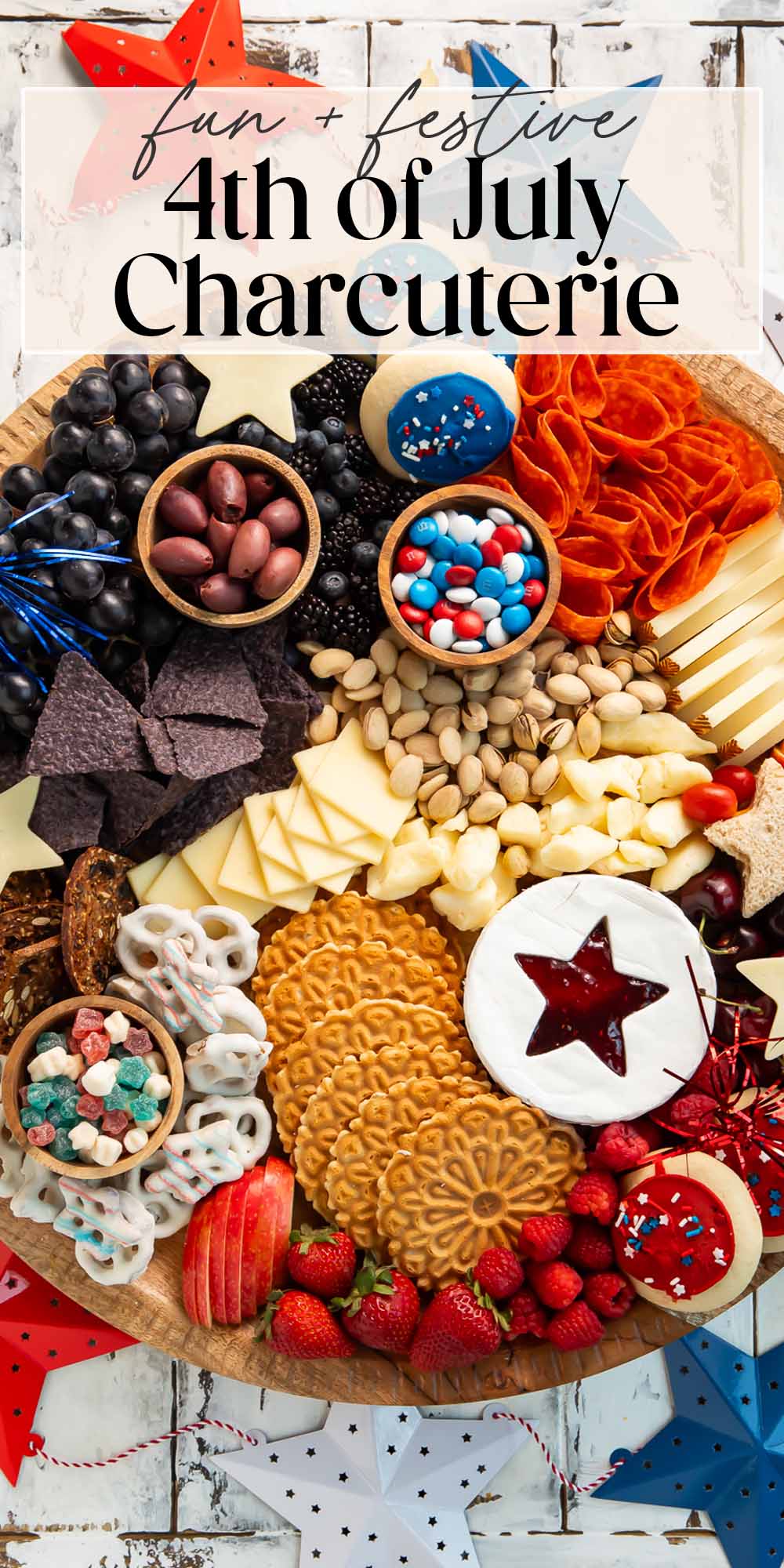 Pin graphic for red, white, and blue charcuterie board.