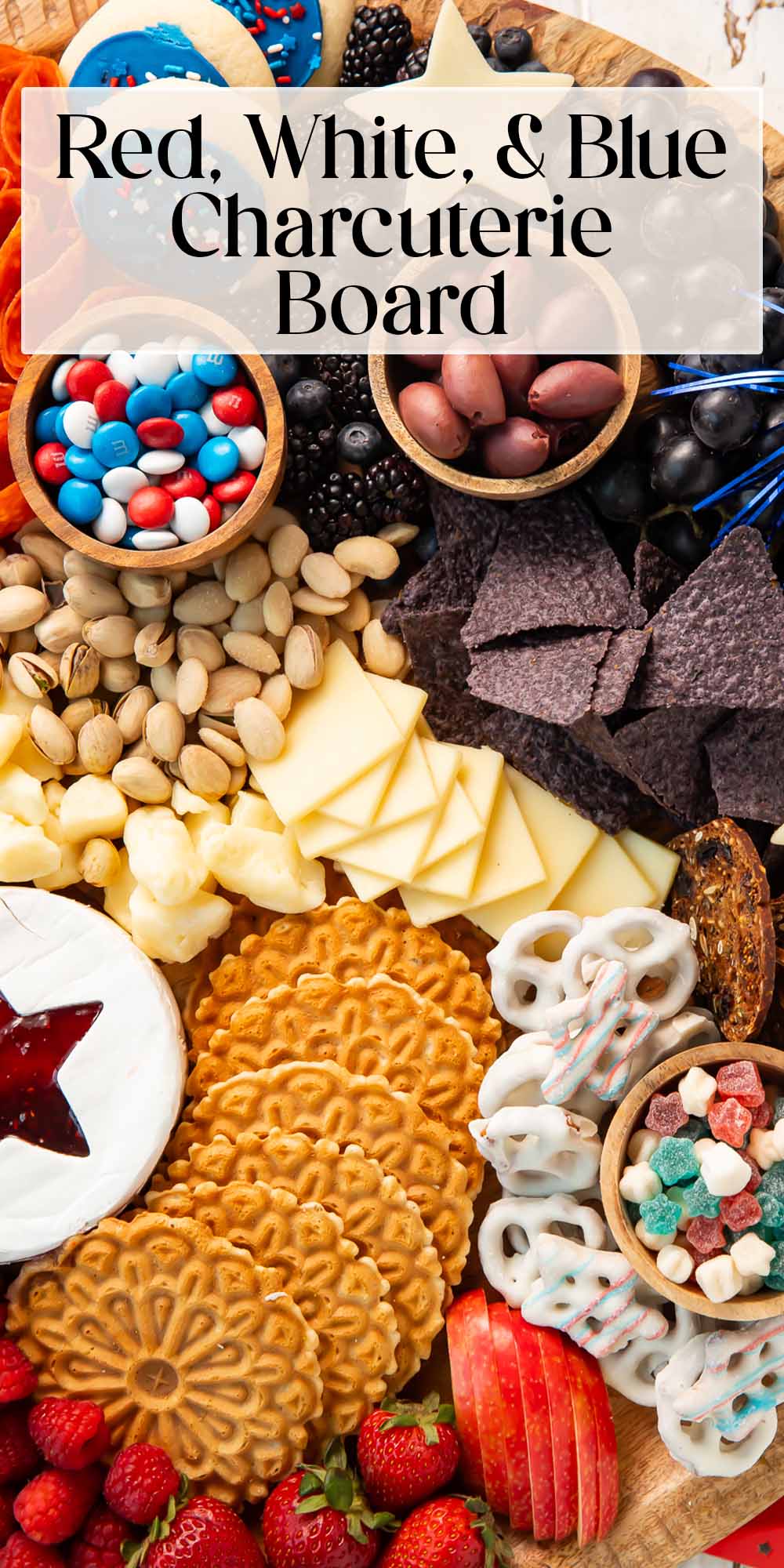 Pin graphic for red, white, and blue charcuterie board.