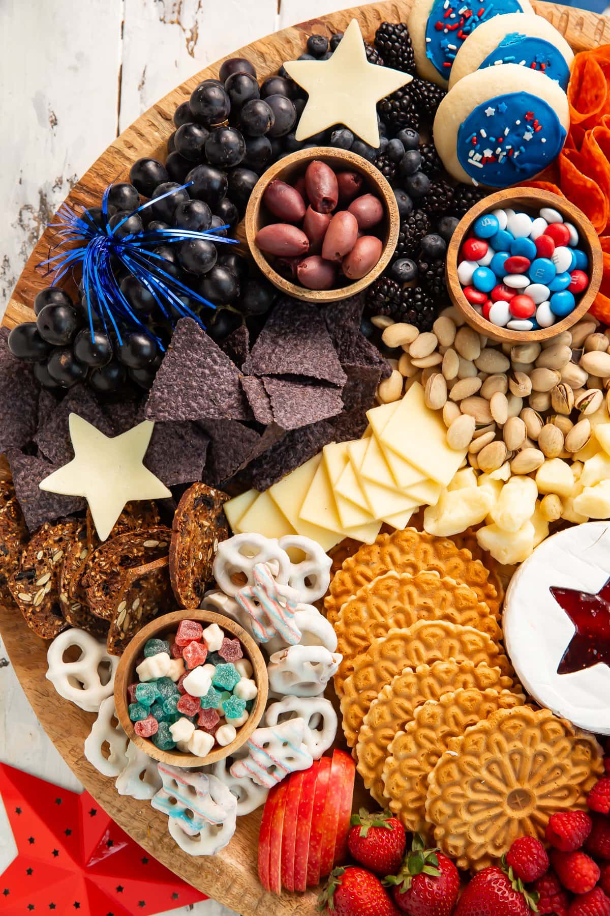 Close-up of the left side of a red, white, and blue charcuterie board for the 4th of July.