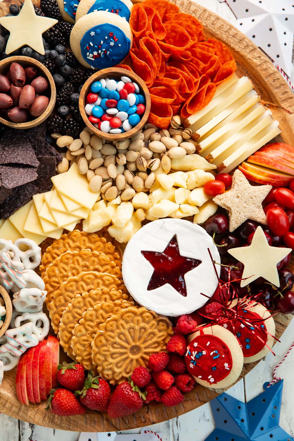 Close-up of the right side of a red, white, and blue charcuterie board for the 4th of July.