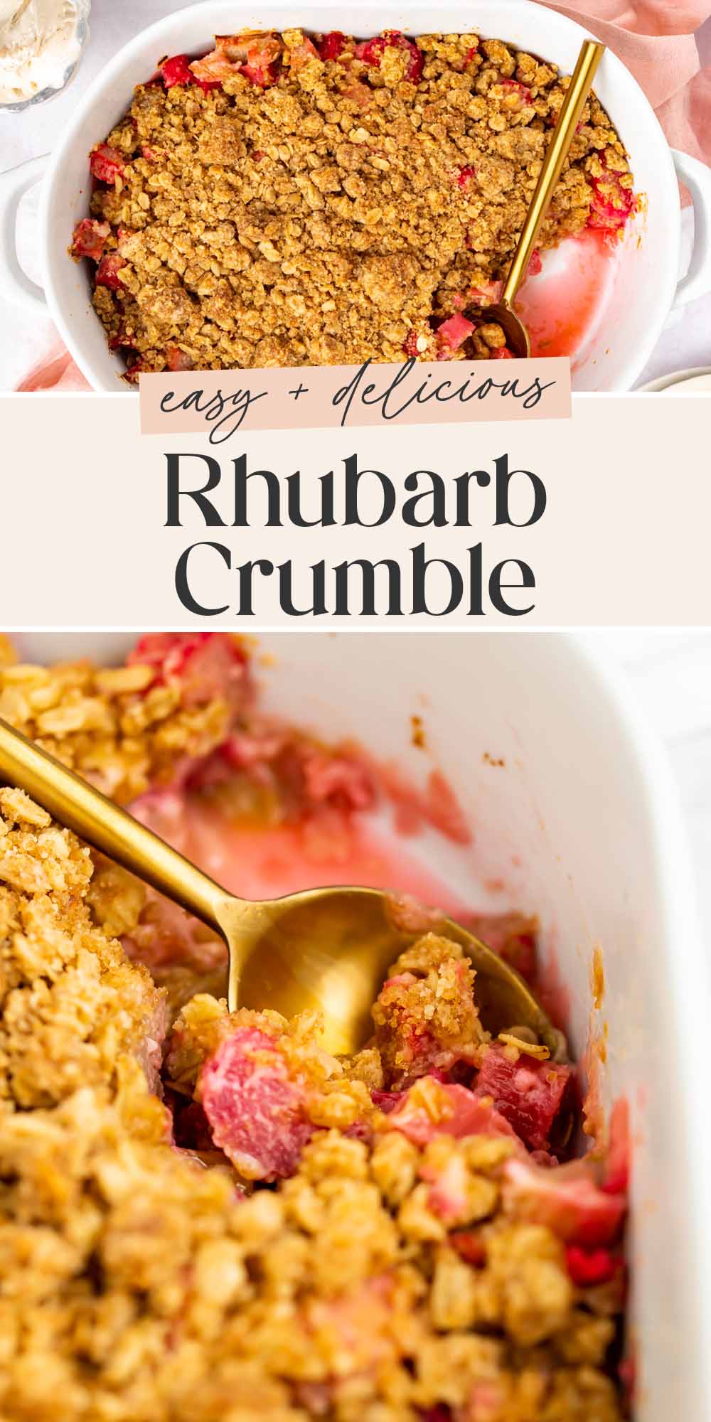 Pin graphic for rhubarb crumble.