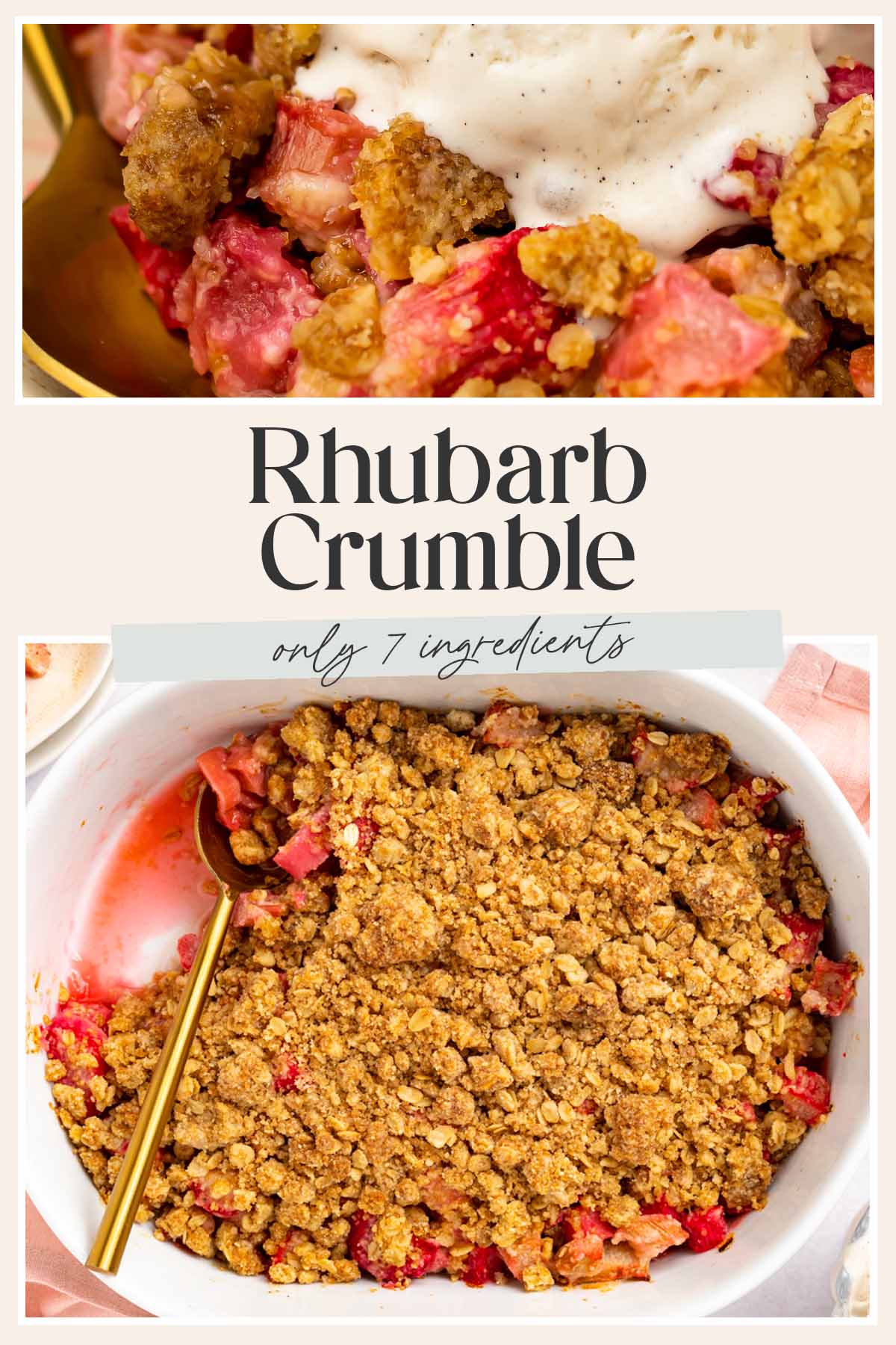 Pin graphic for rhubarb crumble.