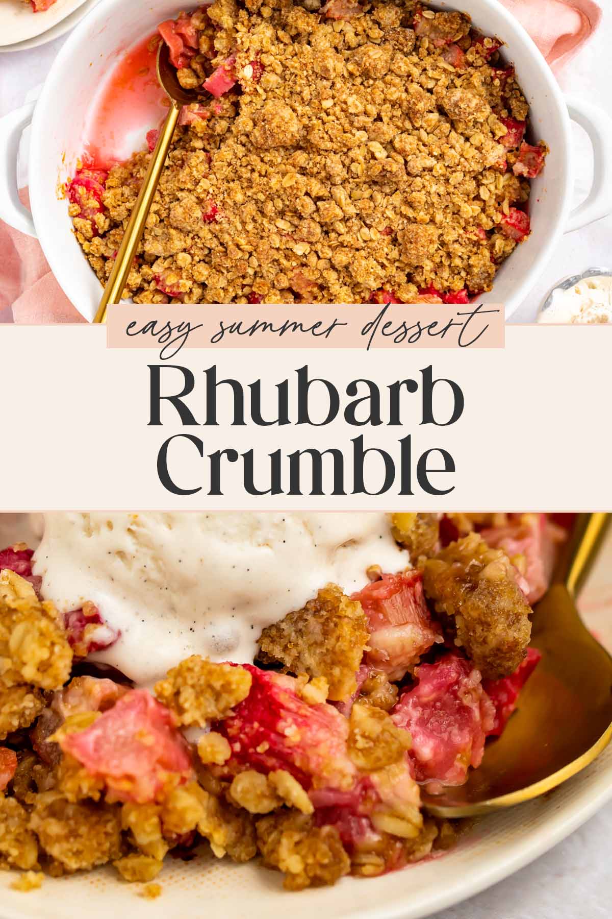 Pin graphic for rhubarb crumble.