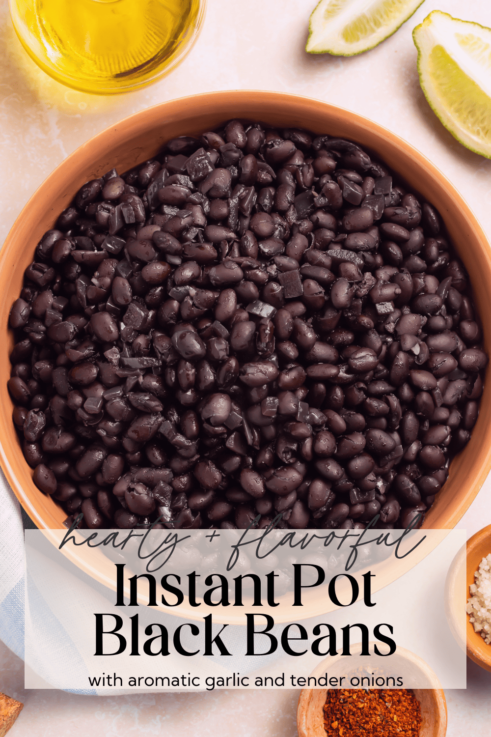 Instant Pot with cooked black beans and recipe text overlay