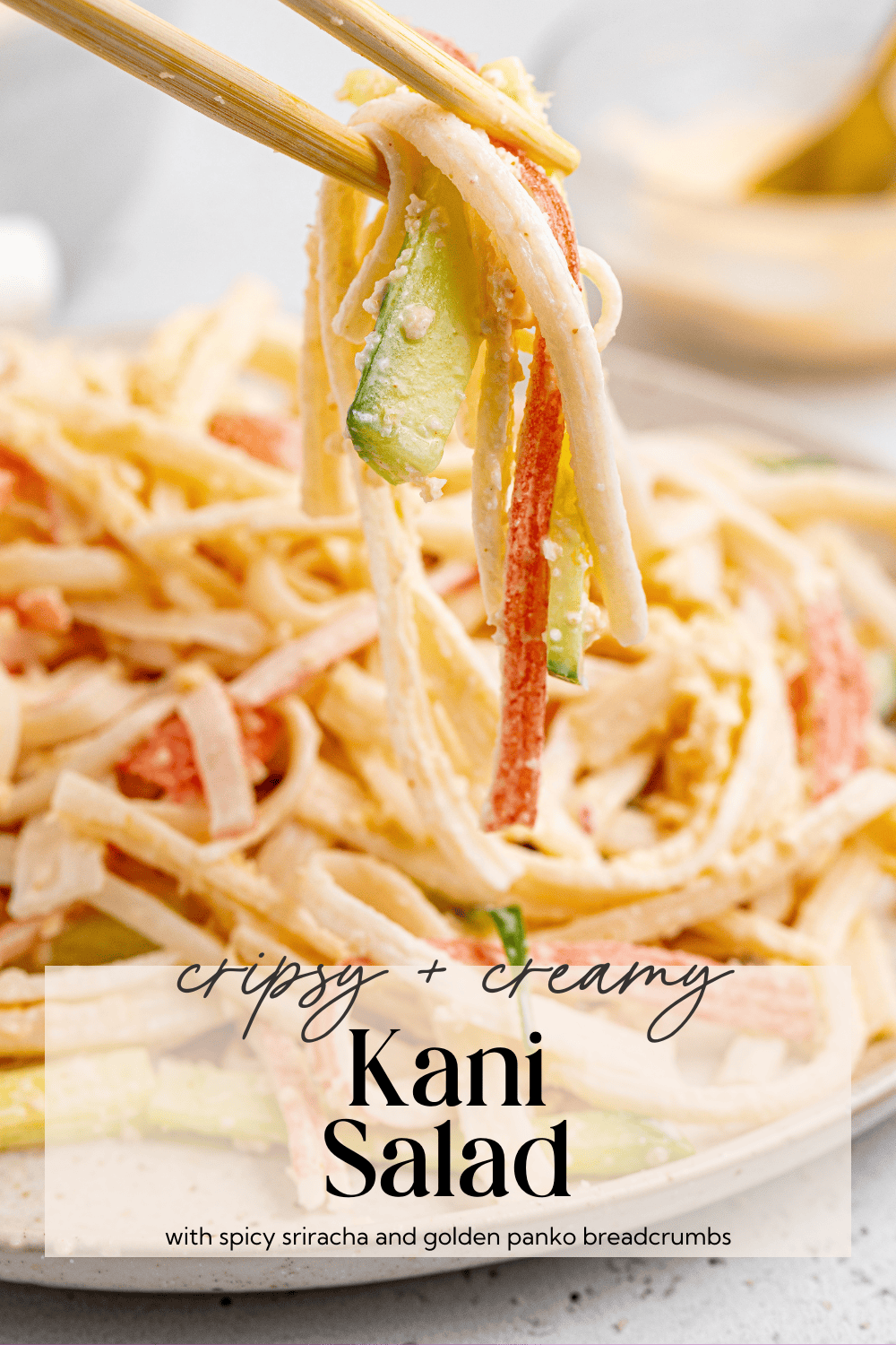 Fresh ingredients for Japanese crab salad including surimi, cucumber, and breadcrumbs