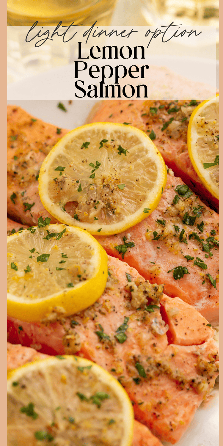 Four golden lemon pepper salmon portions topped with lemon rounds and herbs