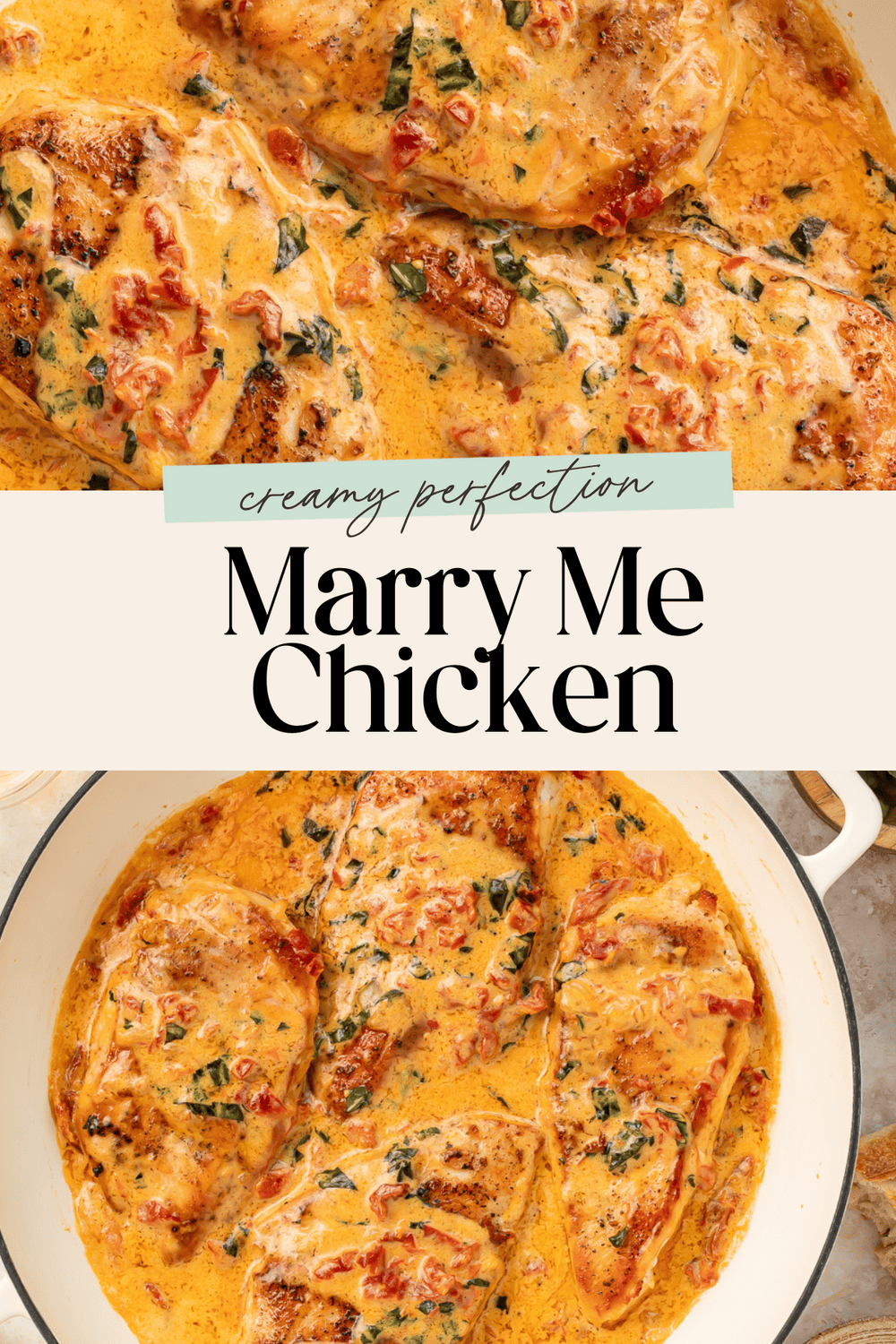 Marry me chicken in white serving dish with fresh basil and parmesan cheese garnish