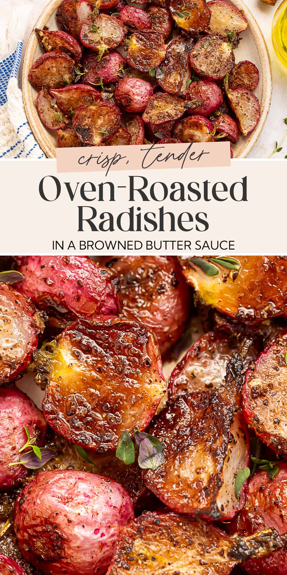 Pin graphic for roasted radishes.