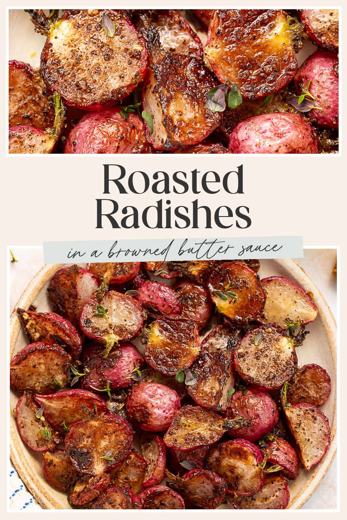 Pin graphic for roasted radishes.