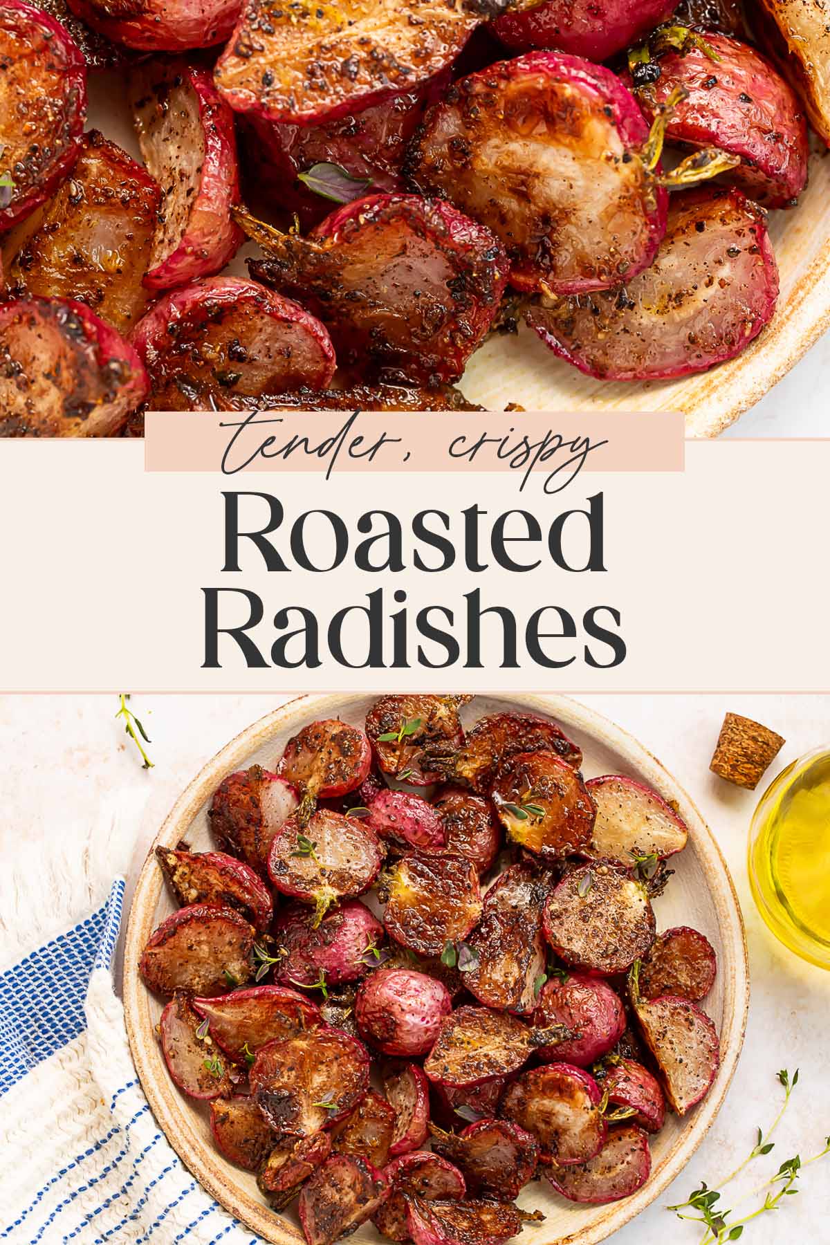 Pin graphic for roasted radishes.