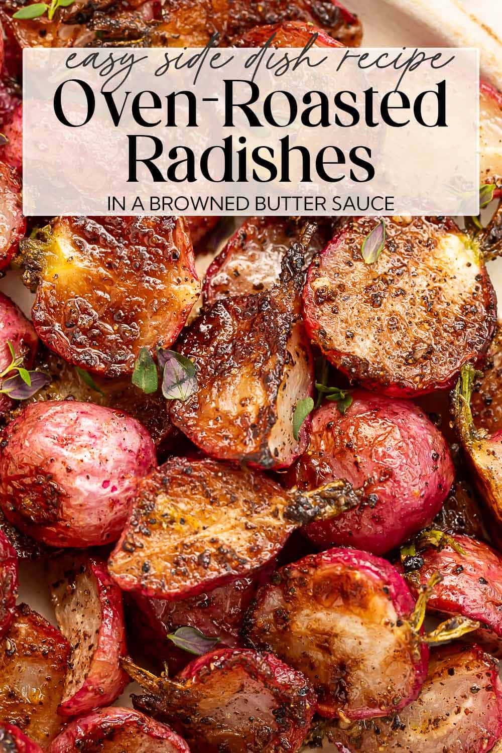 Pin graphic for roasted radishes.