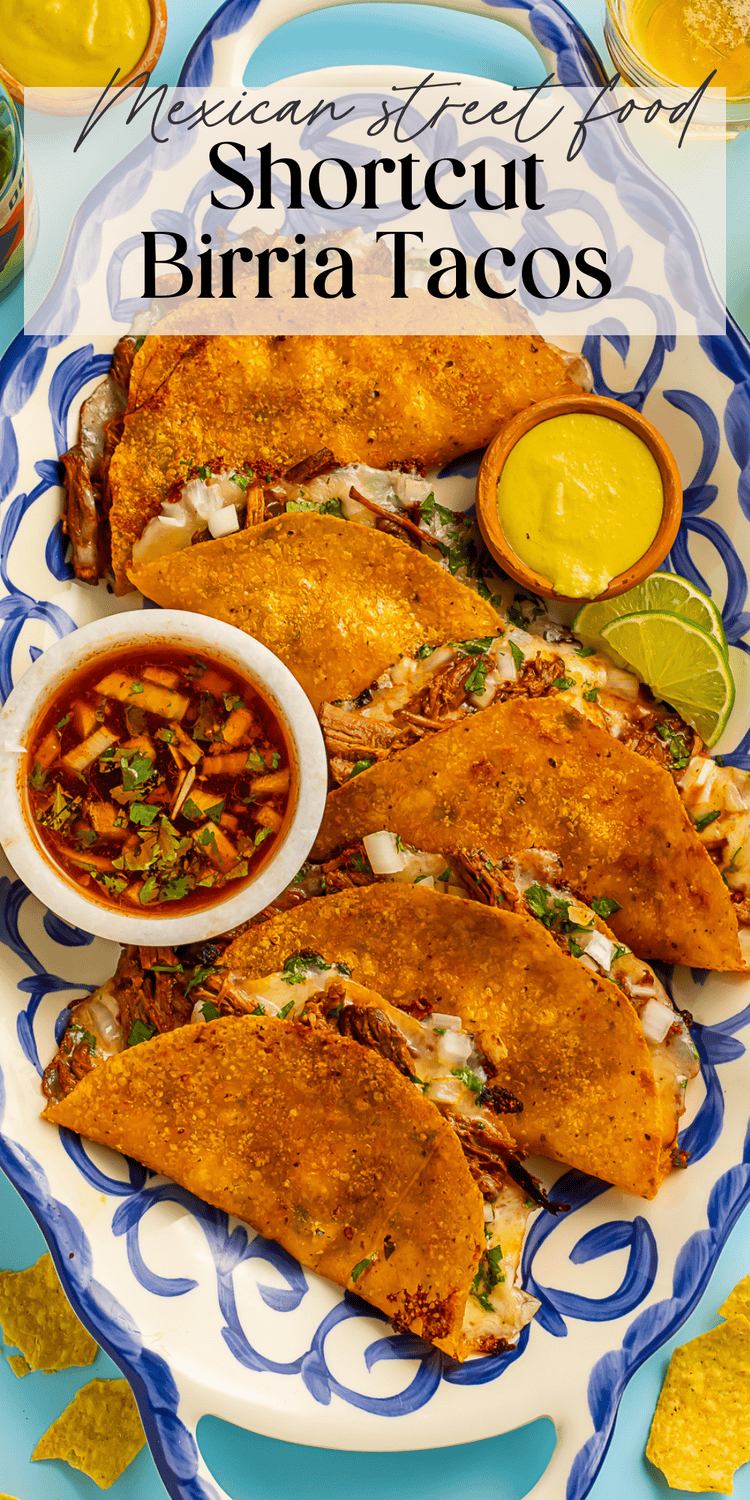 Crispy shortcut beef birria tacos with perfectly melted cheese and tenderly delicious