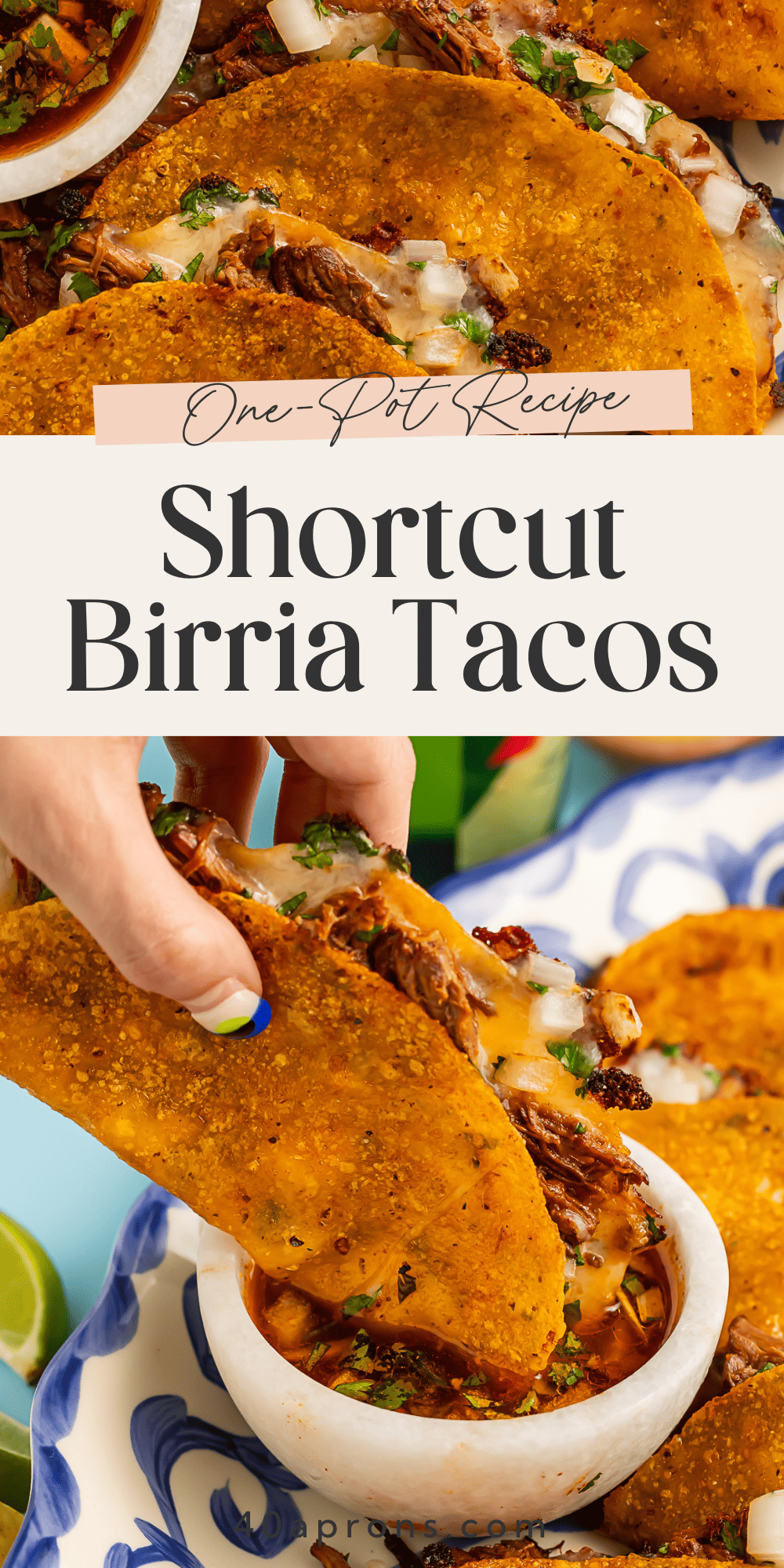 our golden-brown birria tacos with melted cheese and shredded beef on a blue and white patterned plate, served with consommé for dipping, lime wedges, and garnished with cilantro and diced onions