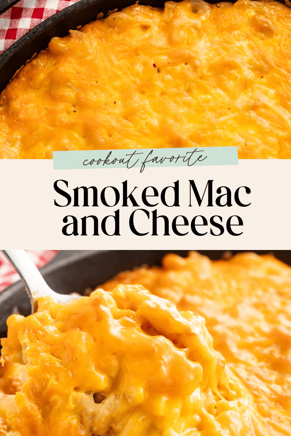 Creamy smoked mac and cheese in a cast iron skillet with a spoon lifting a portion showing the melted cheese texture