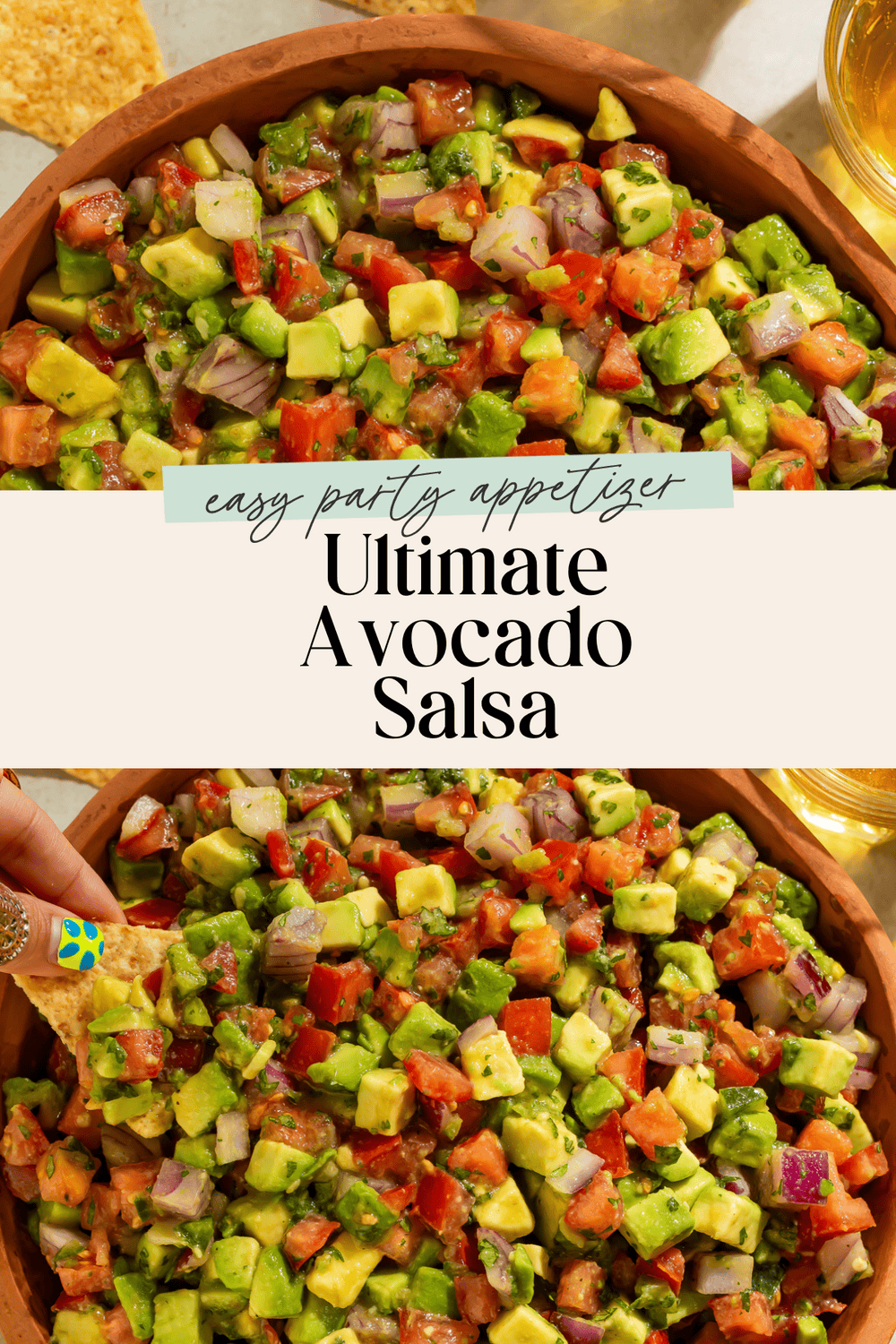"Hand reaching for chunky avocado tomato salsa in wooden bowl with tortilla chips