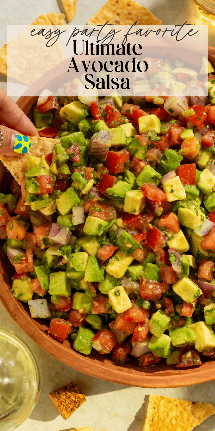 Fresh avocado salsa with easy party appetizer and Ultimate Avocado Salsa text overlay