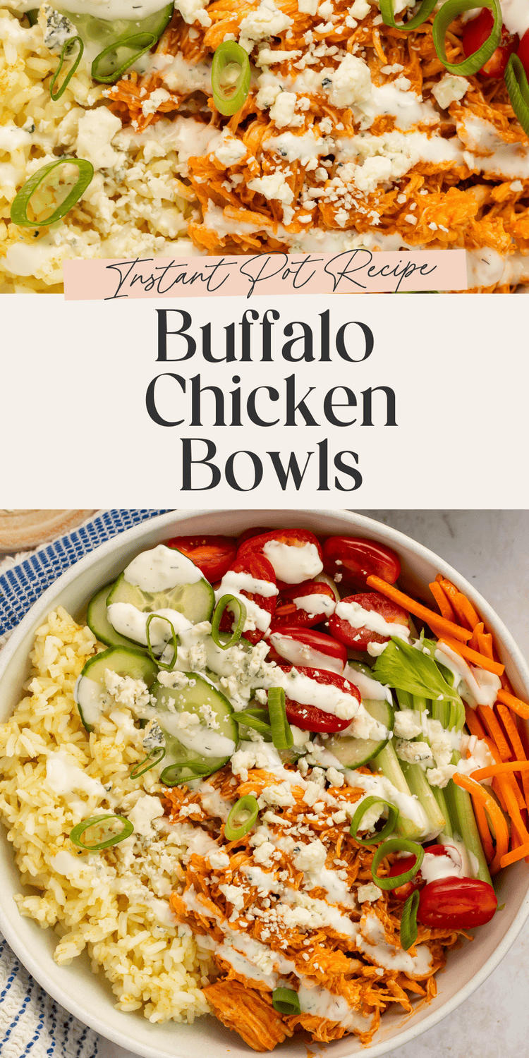 Buffalo chicken bowls with text overlay "Instant Pot Recipe Buffalo Chicken Bowls