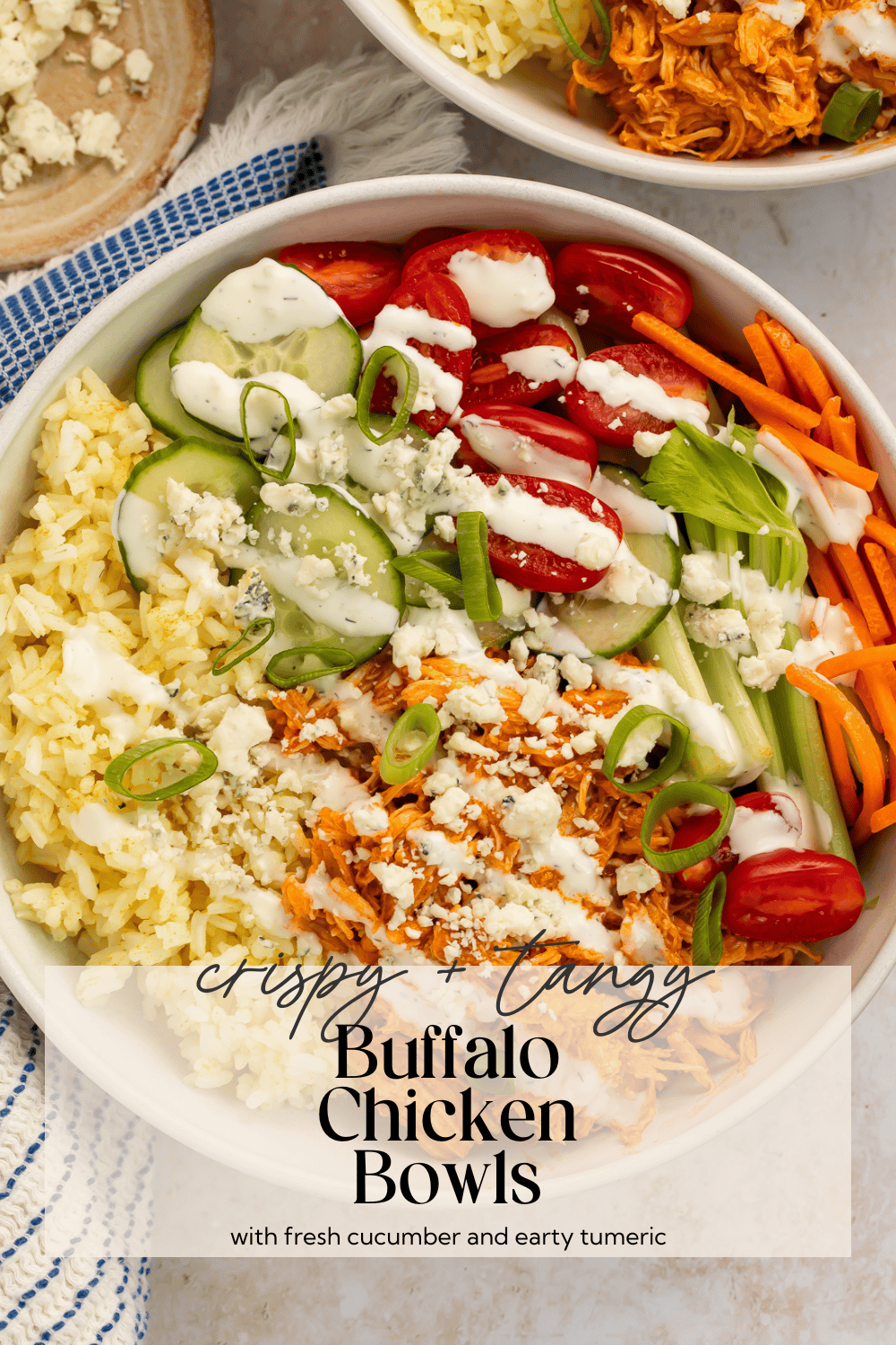 Buffalo chicken bowl meal prep recipe with fresh vegetables and sauce drizzle