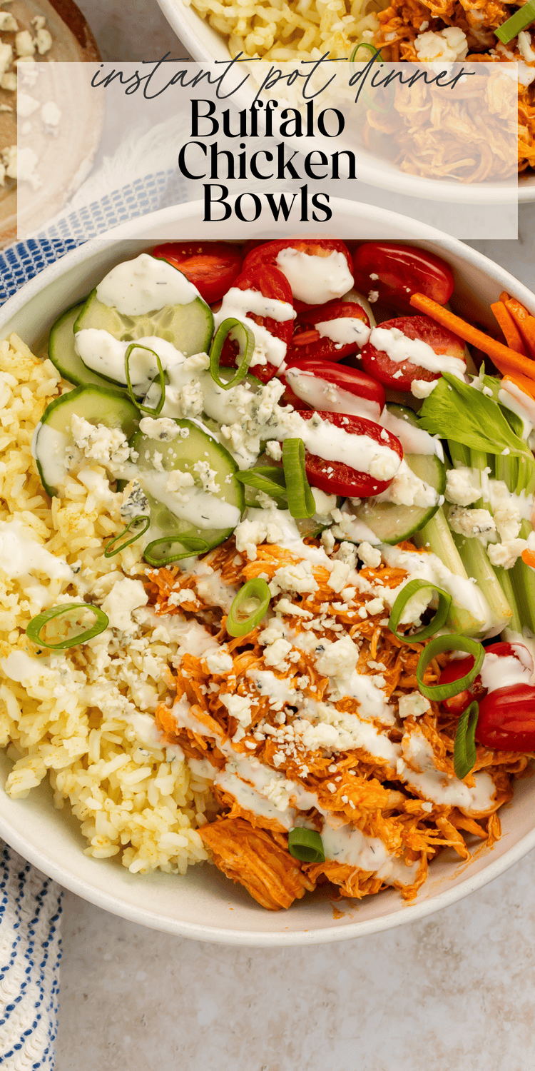 Complete buffalo chicken bowl with ranch dressing drizzle and fresh vegetables