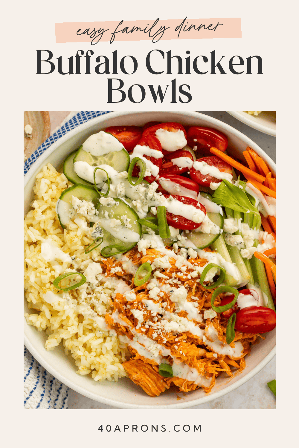 Close-up buffalo chicken bowl showing layered ingredients and textures