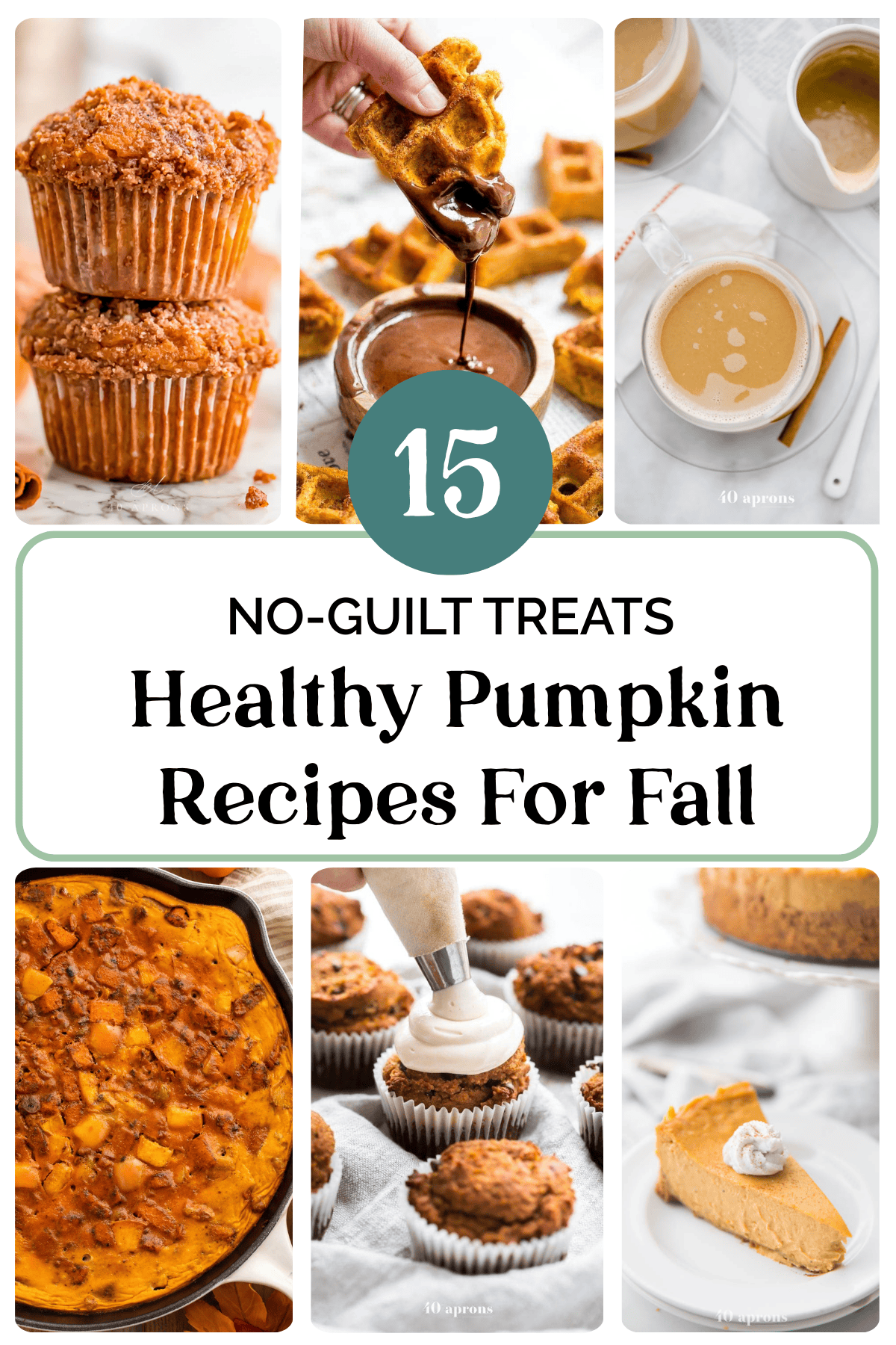 Six healthy pumpkin recipes, including muffins, waffles with syrup, golden milk latte, sweet potato chili, frosted cupcakes, and pumpkin pie slice