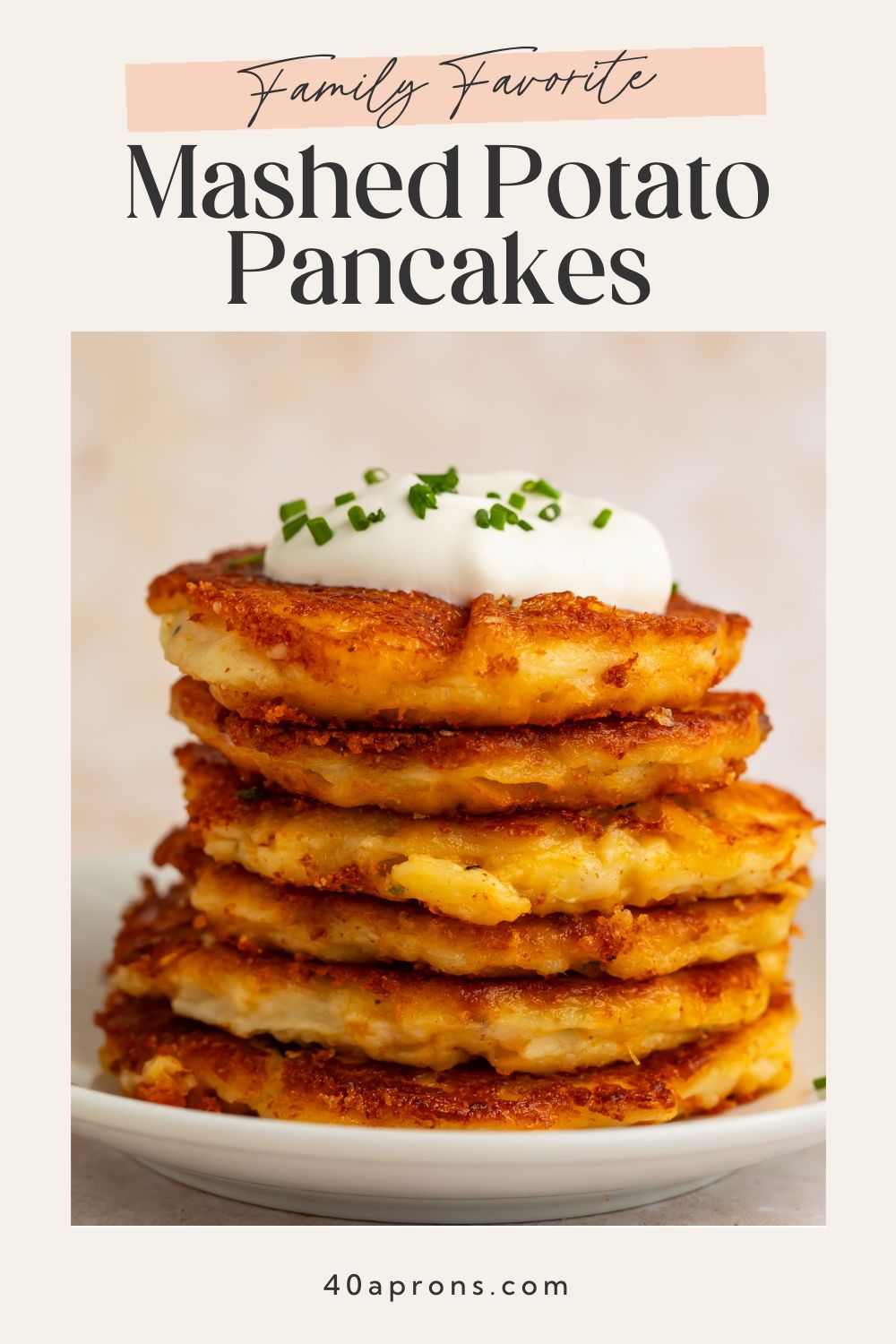 Stack of mashed potato pancakes with sour cream and Family Favorite text with website