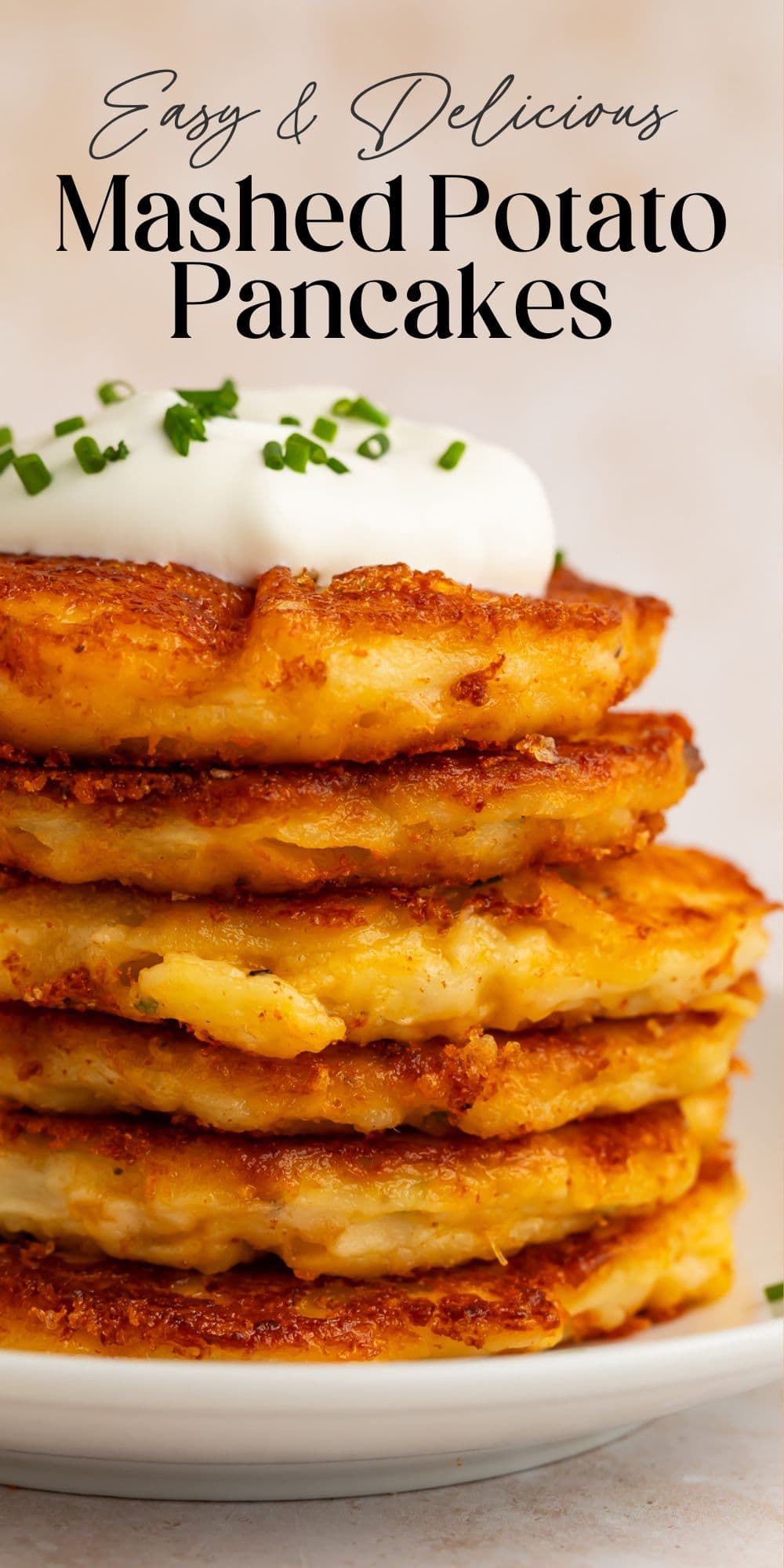 Side view of stacked potato pancakes with sour cream and Easy Delicious text overlay