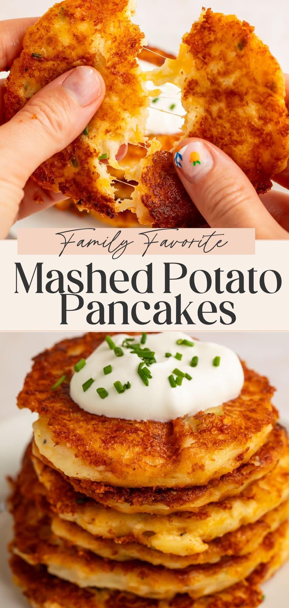 Hands pulling apart potato pancake showing interior with Family Favorite text overlay