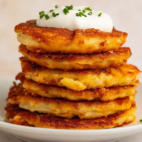 Side view of stacked mashed potato pancakes with sour cream and chives on white plate