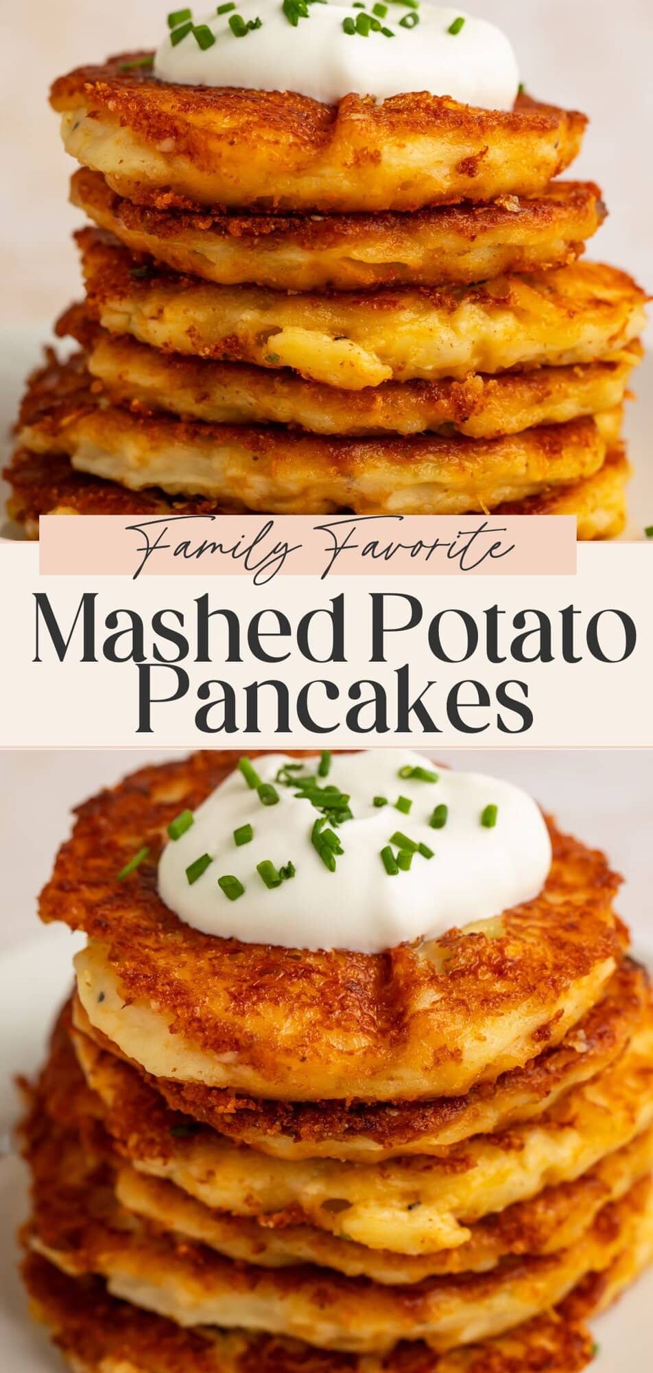 Tall stack of golden potato pancakes with sour cream and Family Favorite text overlay