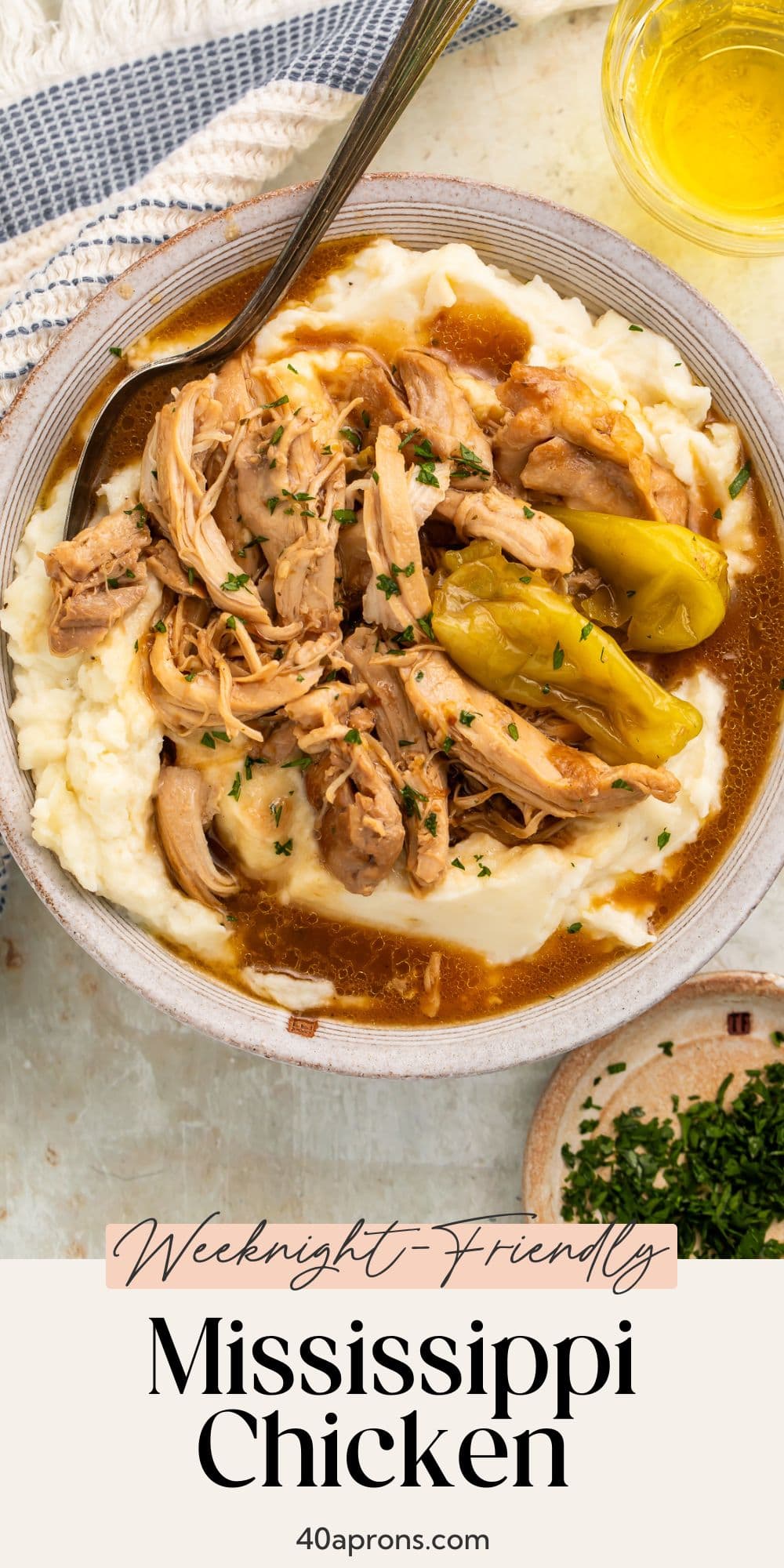 Weeknight-friendly Mississippi chicken in bowl with mashed potatoes pepperoncini and Pinterest text overlay