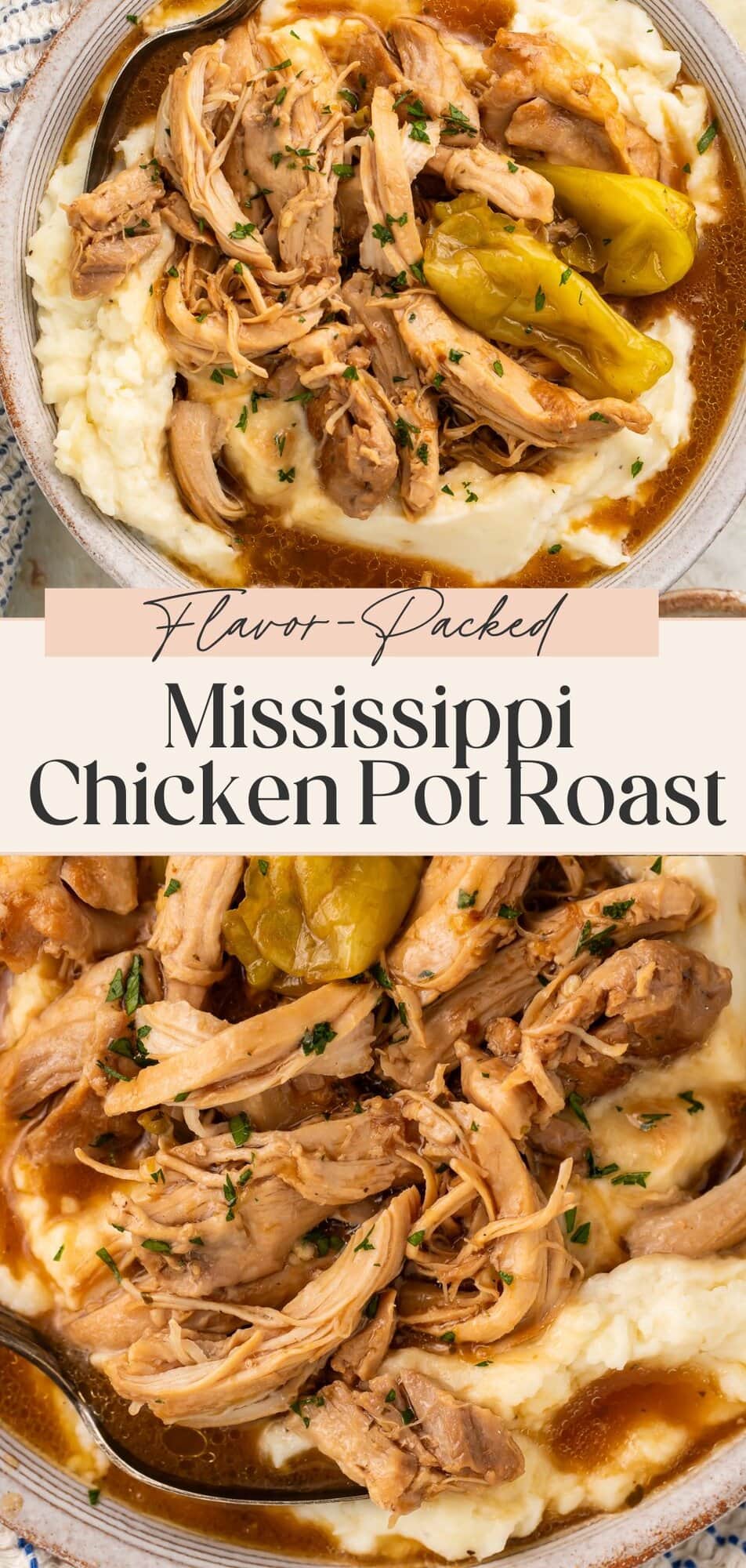 Mississippi chicken pot roast Pinterest pin with flavor-packed text overlay and 40 Aprons branding