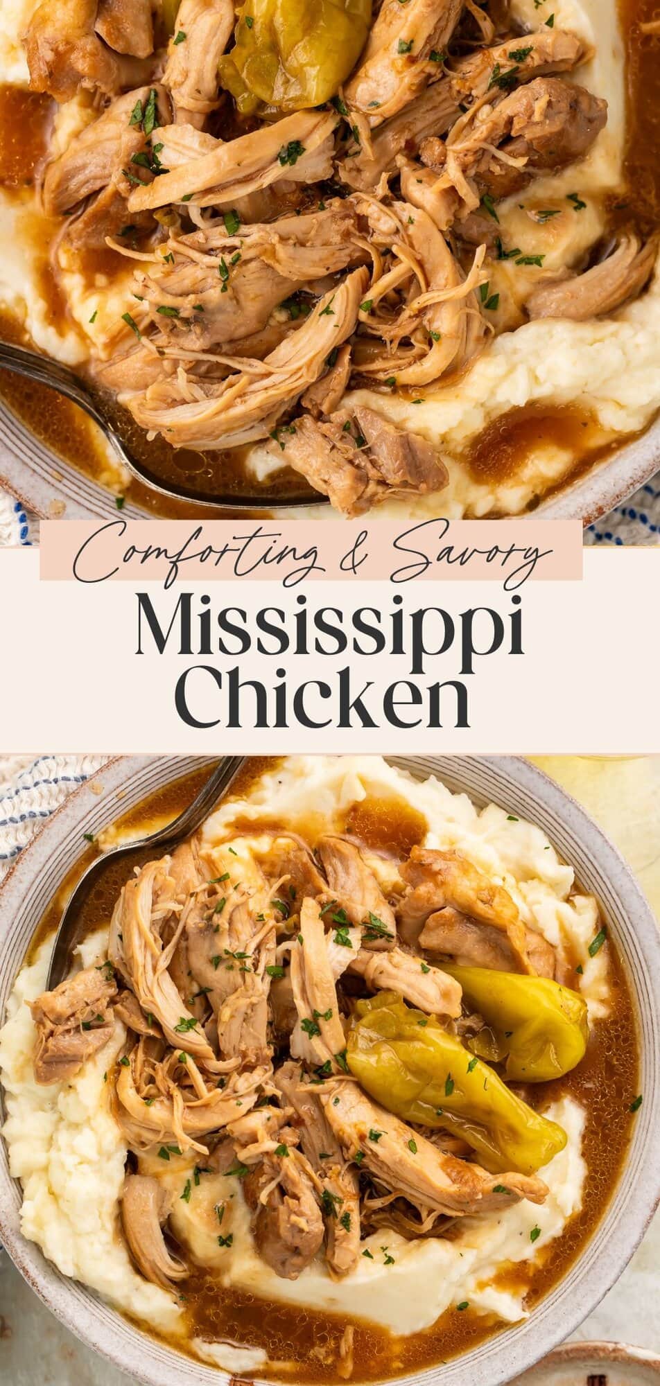 Comforting and savory Mississippi chicken Pinterest pin with close-up food photography and recipe title