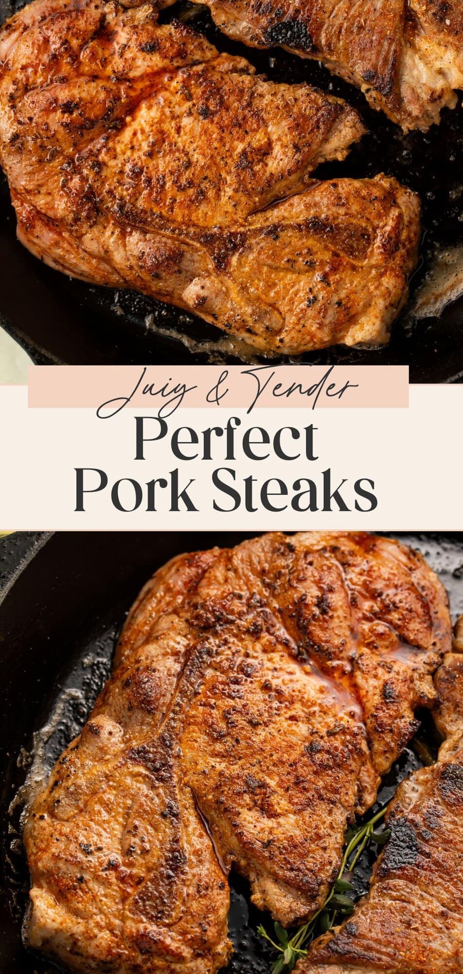 Close-up of juicy seasoned pork steaks with caramelized crust in cast iron skillet