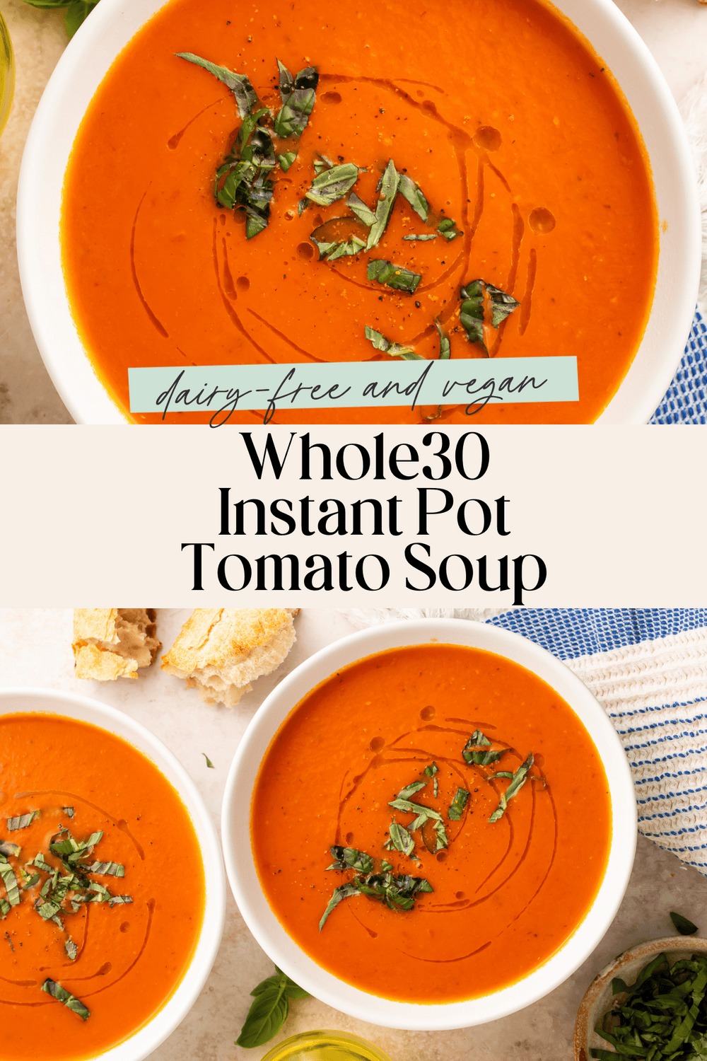 Creamy tomato soup in white bowls with fresh herbs and dairy-free vegan banner