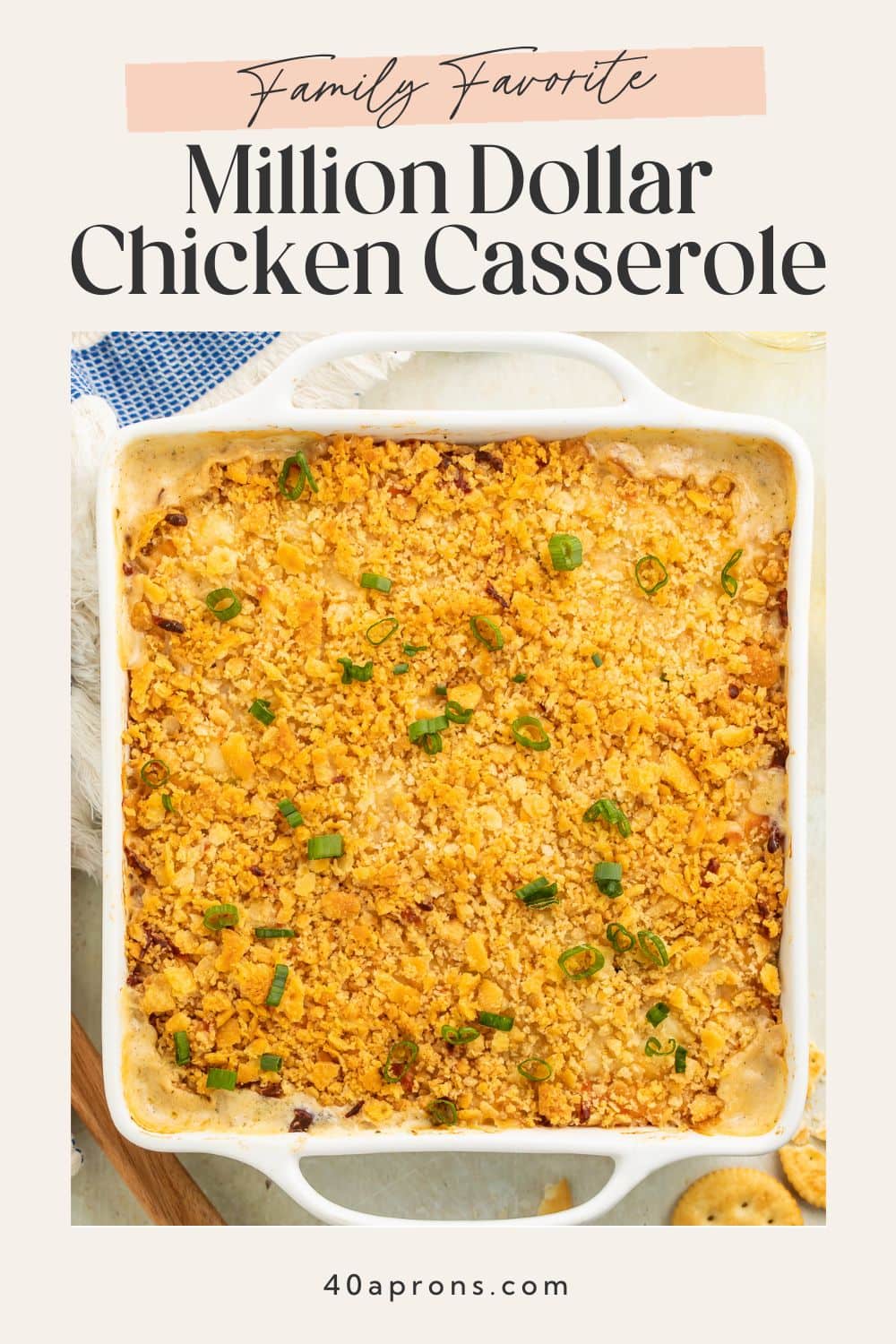 Million Dollar Chicken Casserole Pinterest pin with overhead view of golden cracker topping